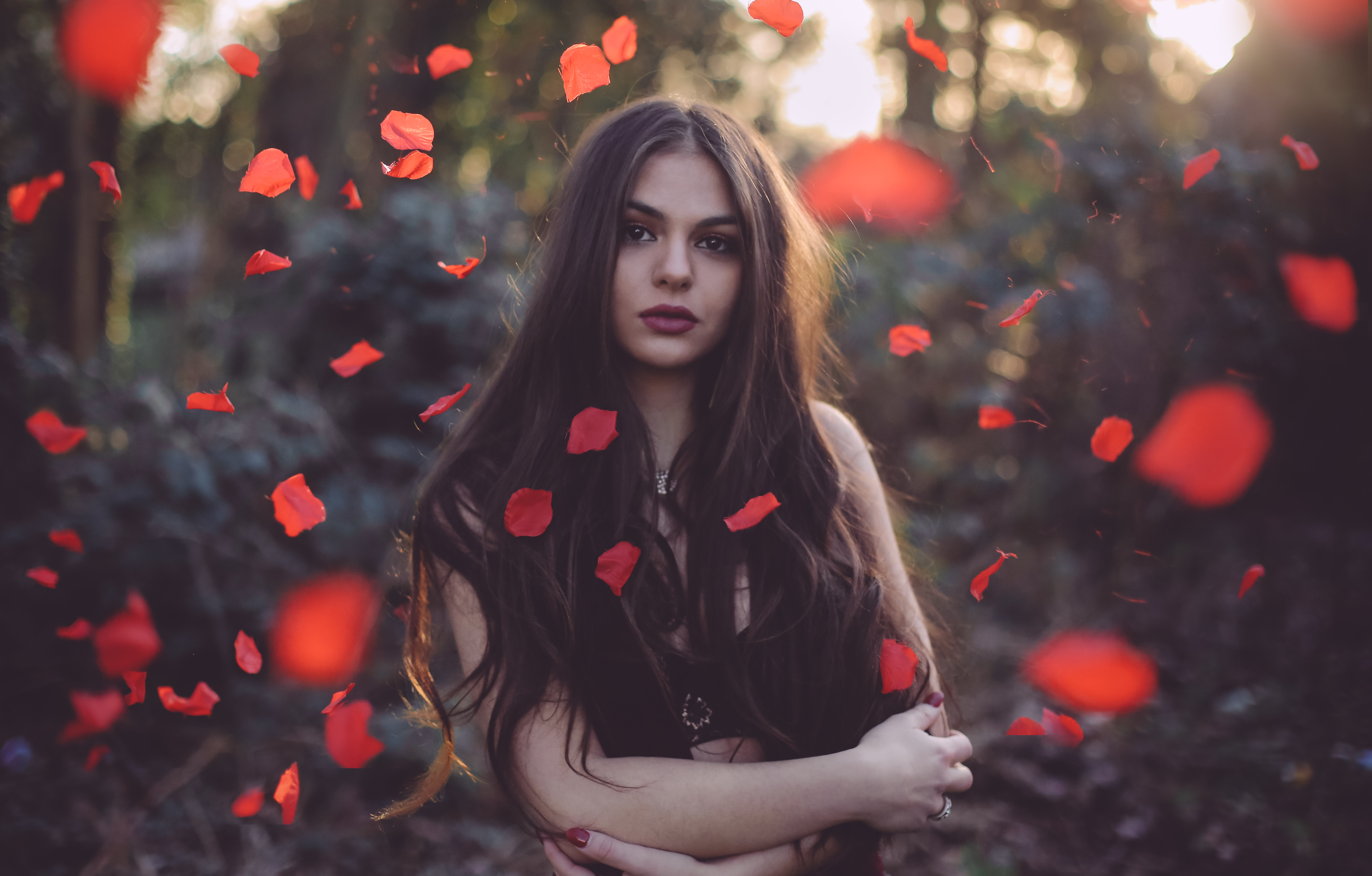 People 5760x3680 women brunette brown eyes fallen leaves looking at viewer David Olkarny arms crossed women outdoors outdoors model leaves red nails long hair red lipstick lipstick