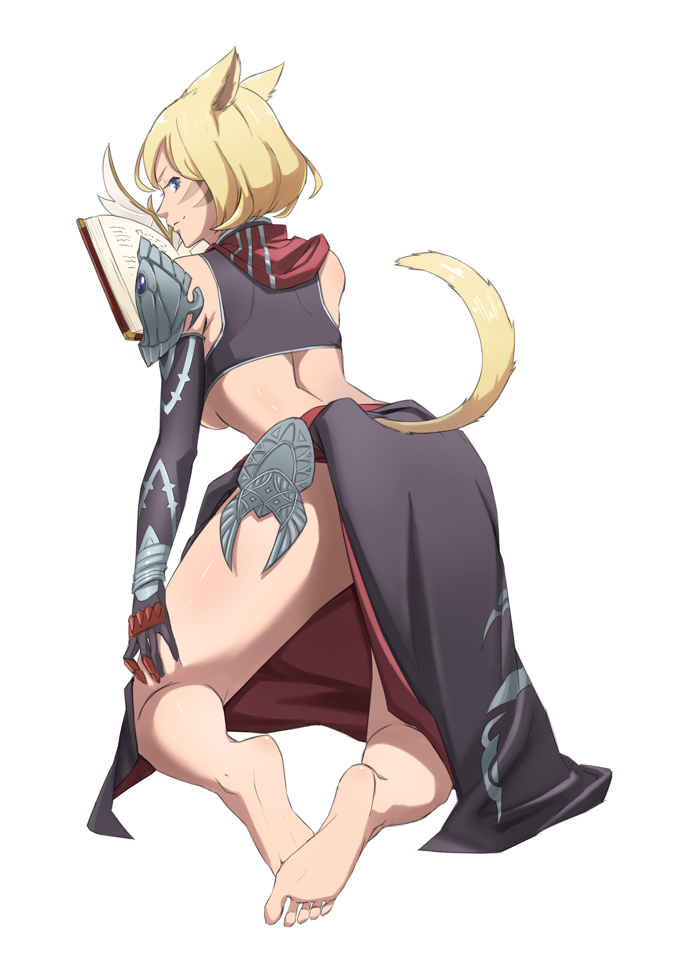 Anime 2828x4000 Miqo'te Final Fantasy blonde feet tail animal ears white background blue eyes kneeling underboob