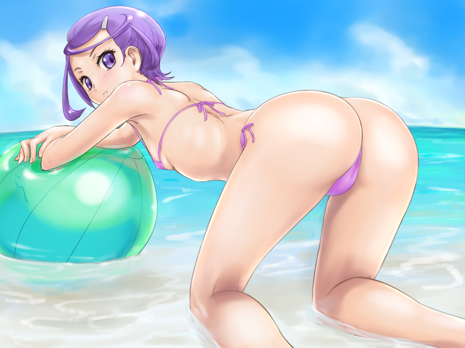 Anime 1600x1200 Kenzaki Makoto DokiDoki! Precure anime girls bikini ass purple hair purple eyes bent over kneeling small boobs