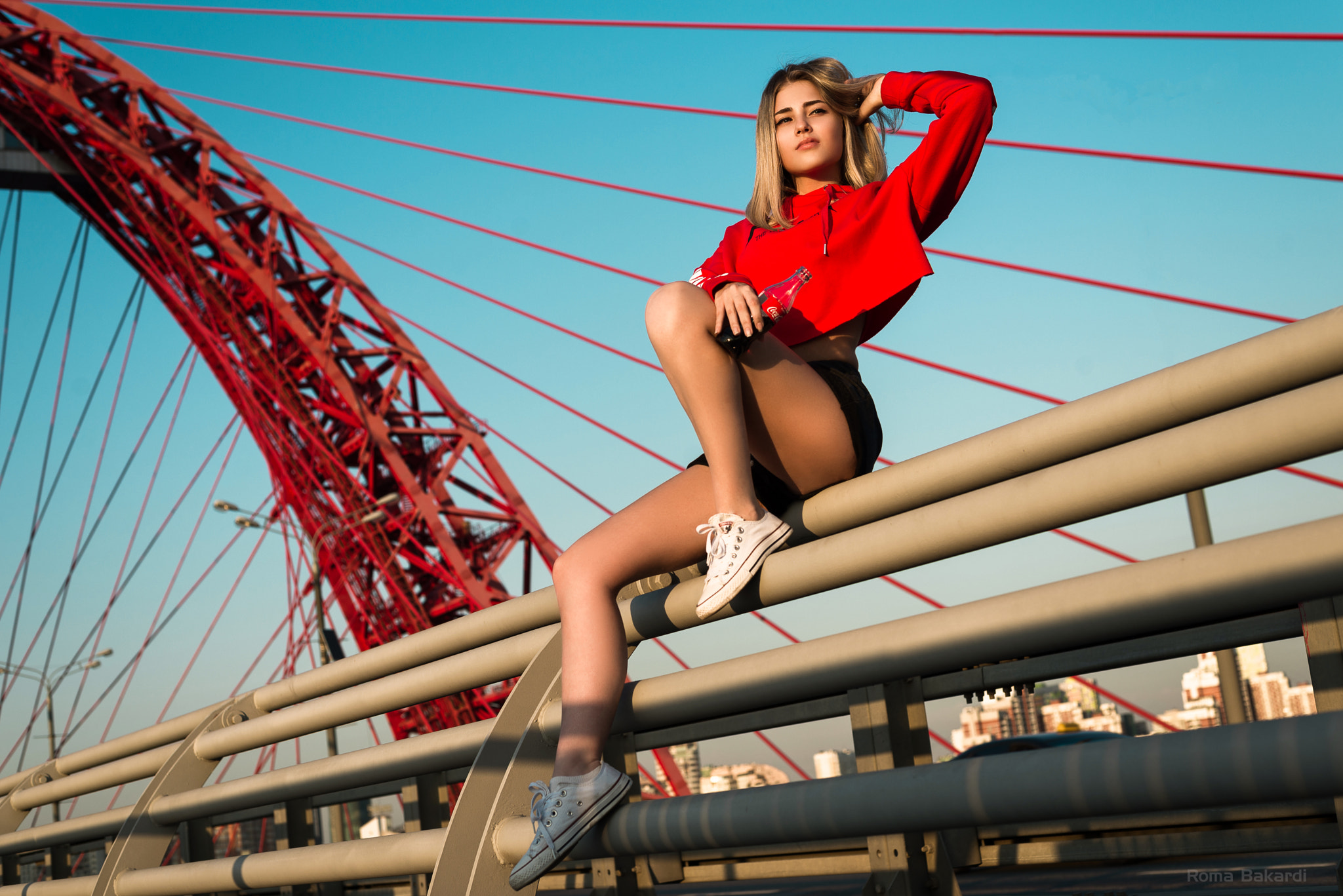 People 2048x1367 women model 500px Roma Bakardi bridge urban legs sitting metal women outdoors red Coca-Cola