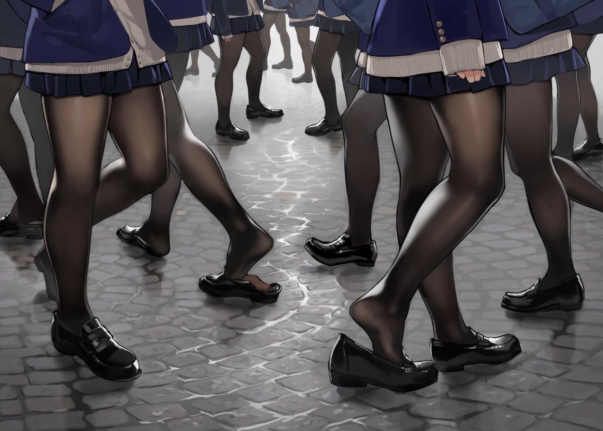Anime 2048x1464 anime anime girls shoes skirt legs miniskirt pantyhose black pantyhose street Miru Tights yomu