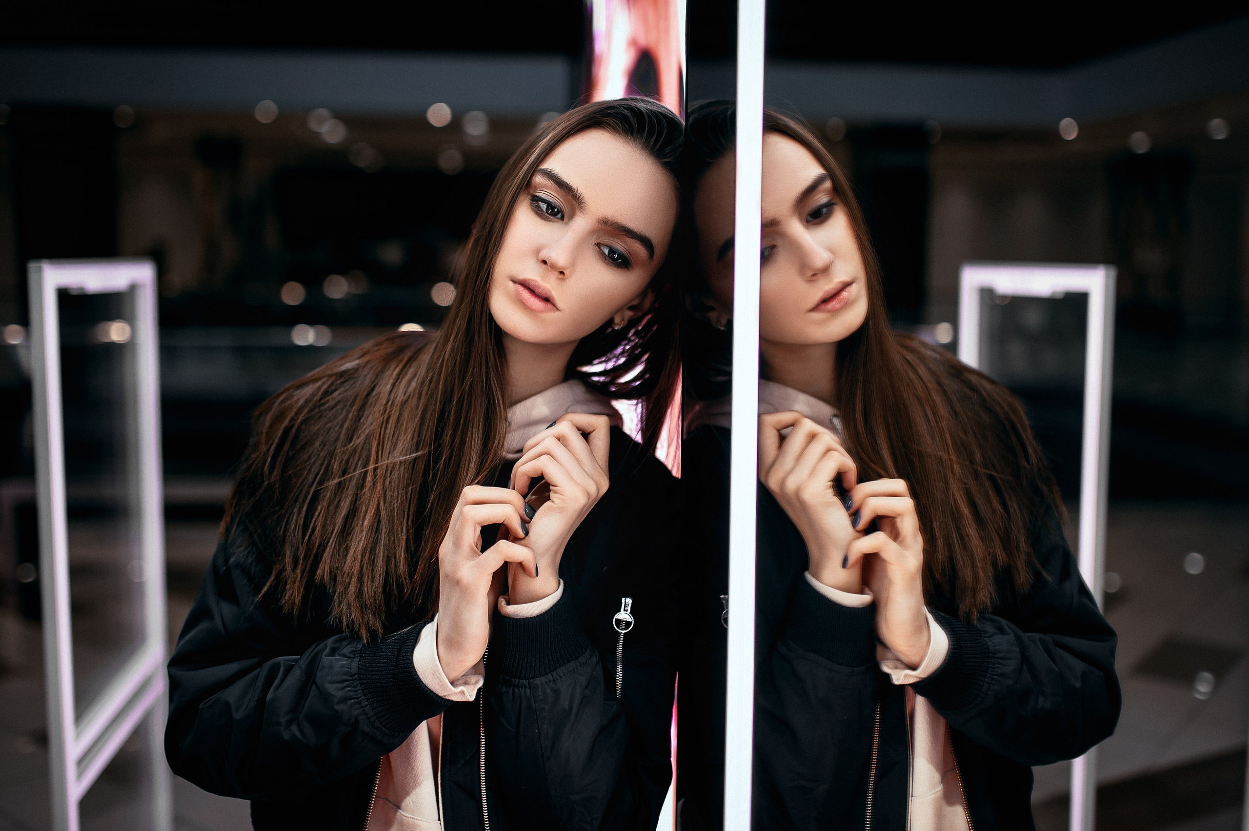People 2560x1703 women portrait mirror reflection painted nails black jackets blouses young women