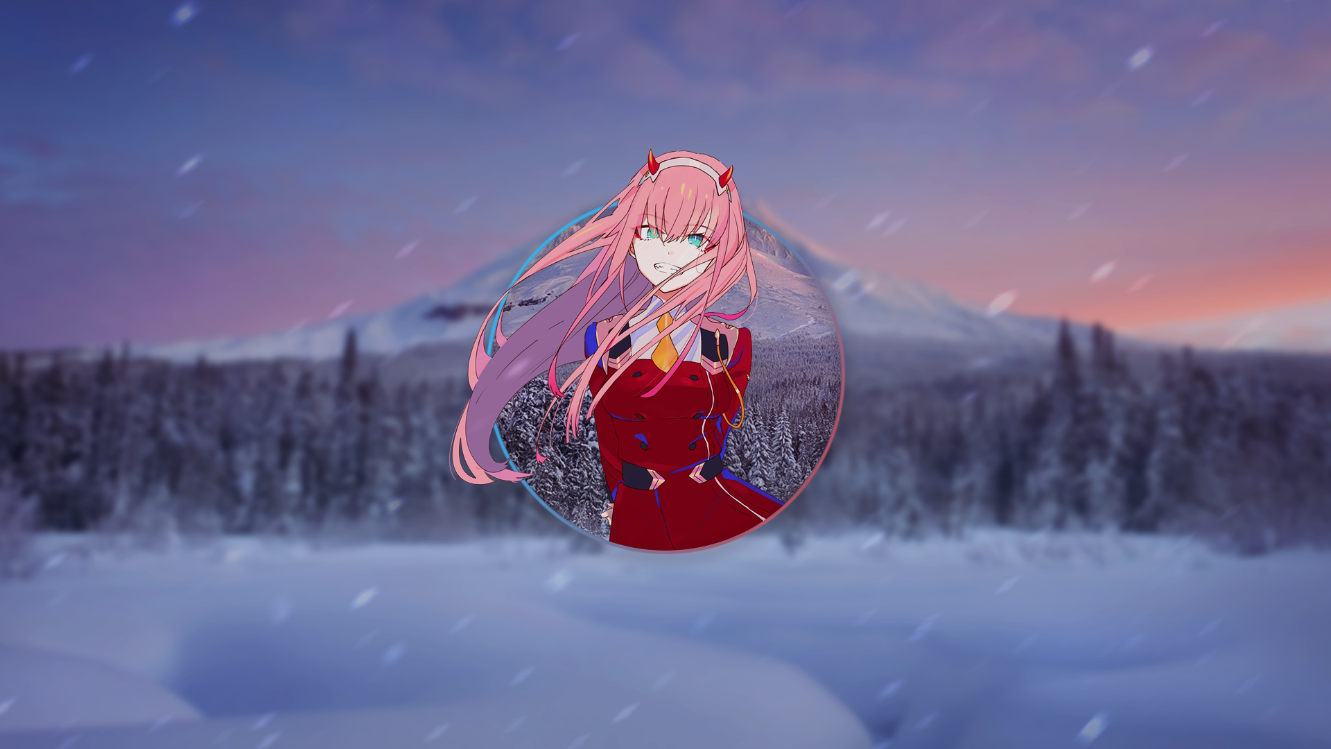 Anime 1920x1080 anime girls Darling in the FranXX Zero Two (Darling in the FranXX) picture-in-picture anime pink hair depth of field snow trees sky clouds