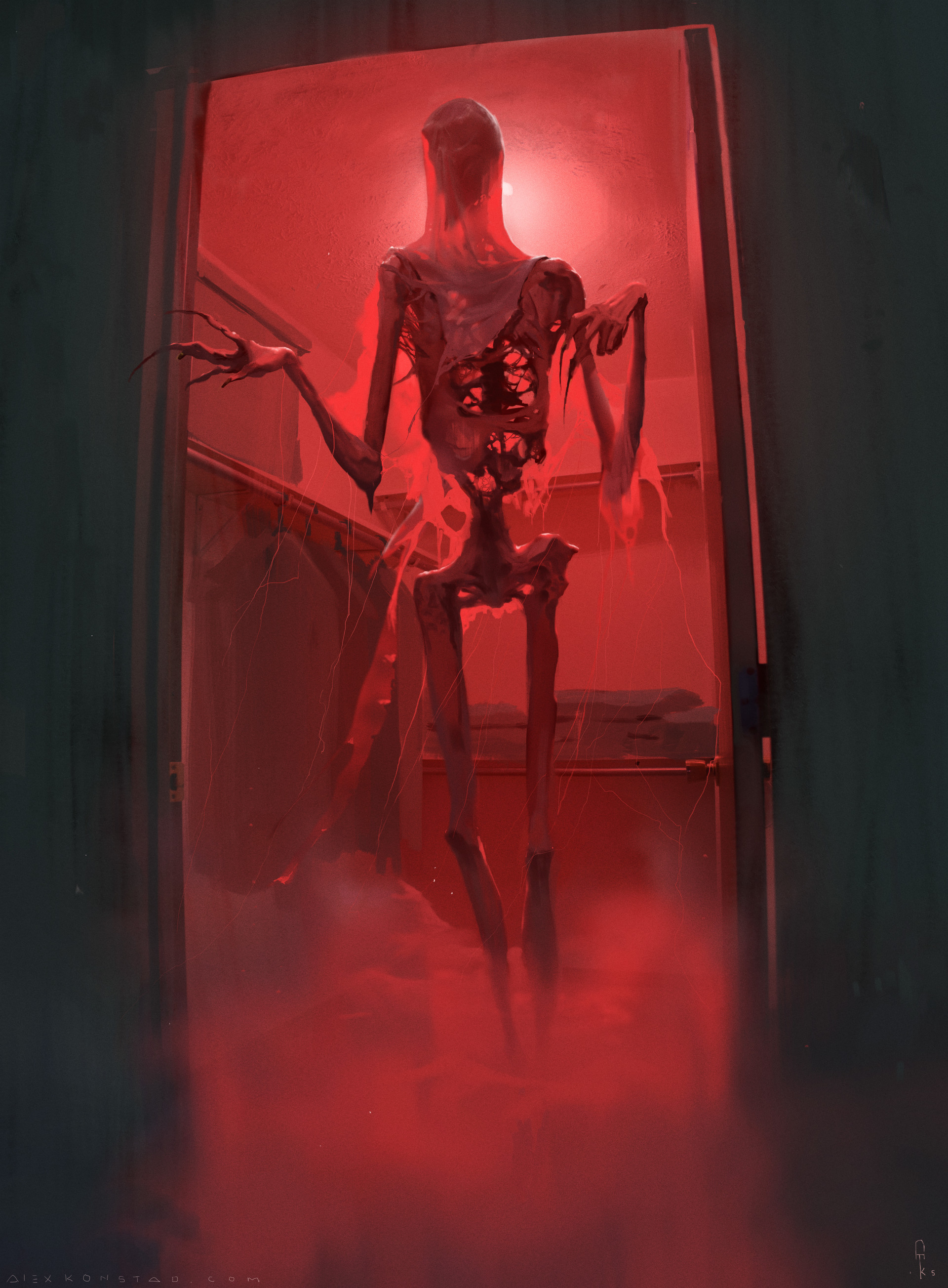 General 1920x2607 Alex Konstad nightmare drawing bathroom skeleton red door doorways door knob low light watermarked digital art bones