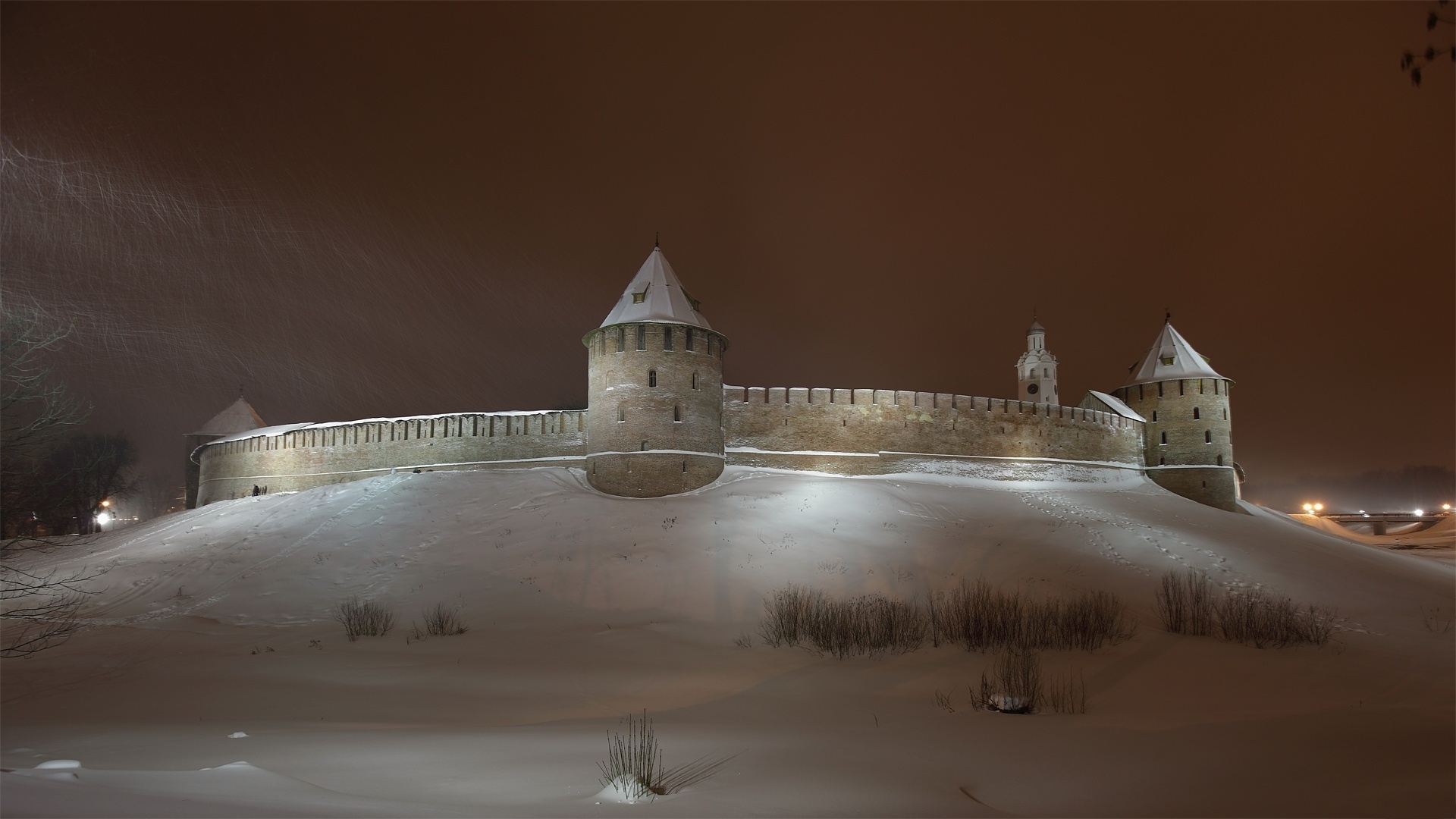 General 1920x1080 architecture castle nature landscape trees forest snow winter night tower snowing Russia long exposure
