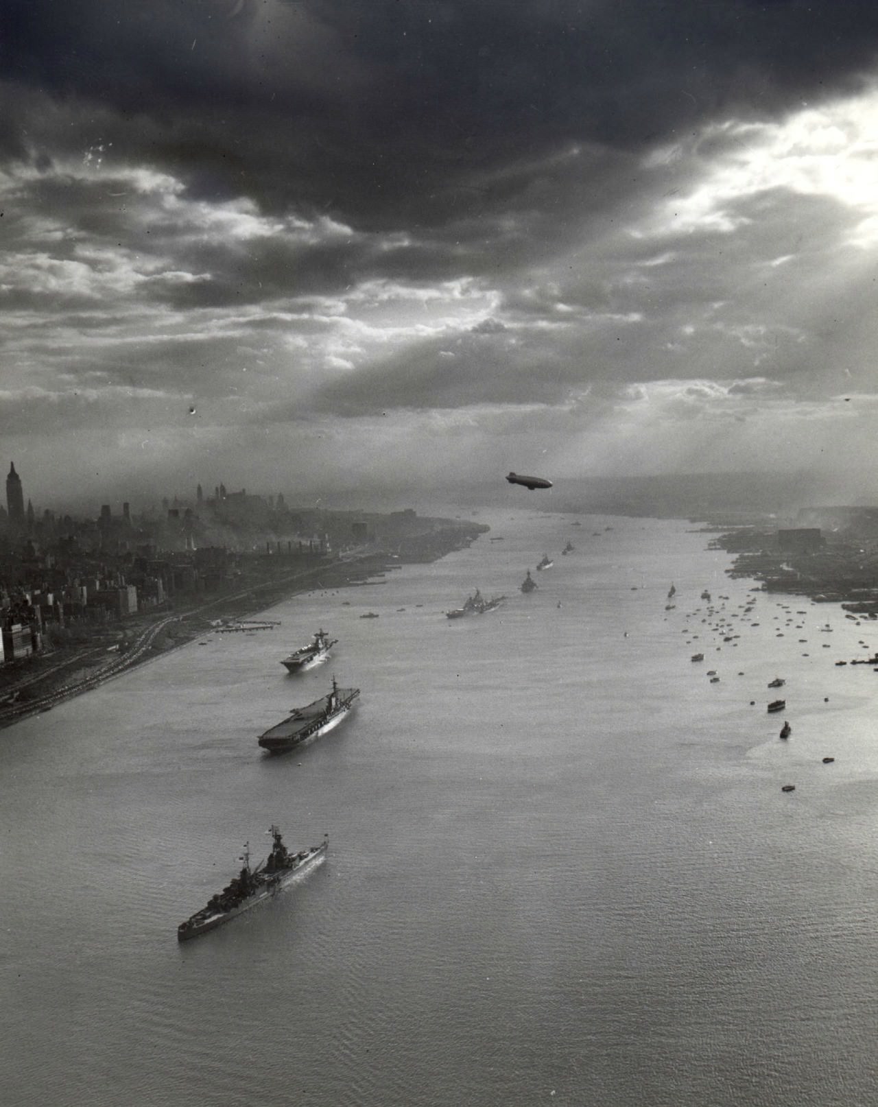 General 1280x1614 photography monochrome United States Navy river Battleships ship USA New York City history 1945 (year) clouds portrait display cityscape skyscraper sun rays vintage old photos Hudson River parade blimp airships