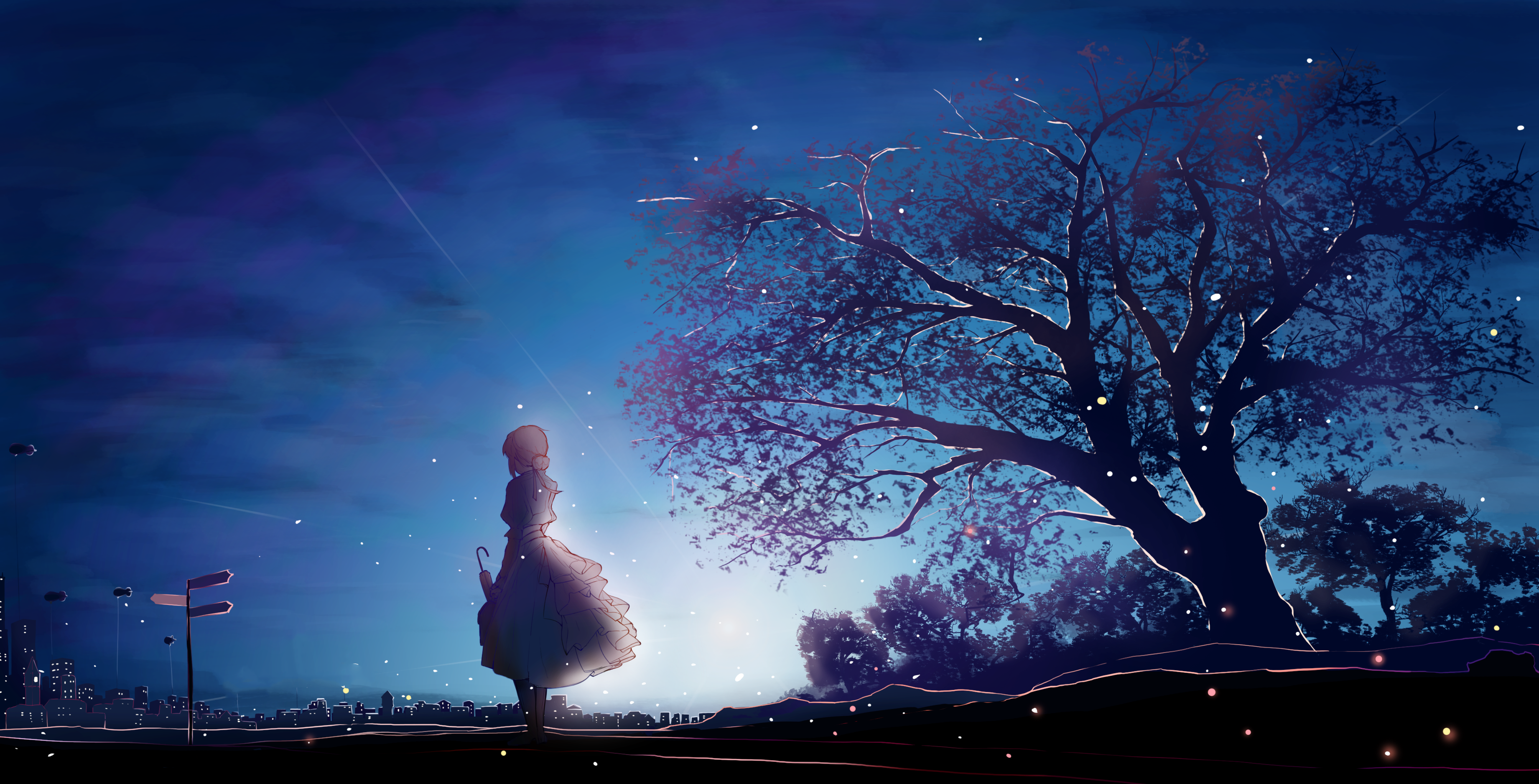 Anime 3682x1876 anime anime girls Violet Evergarden short hair artwork umbrella cityscape night white dress blonde looking into the distance night sky clouds stars