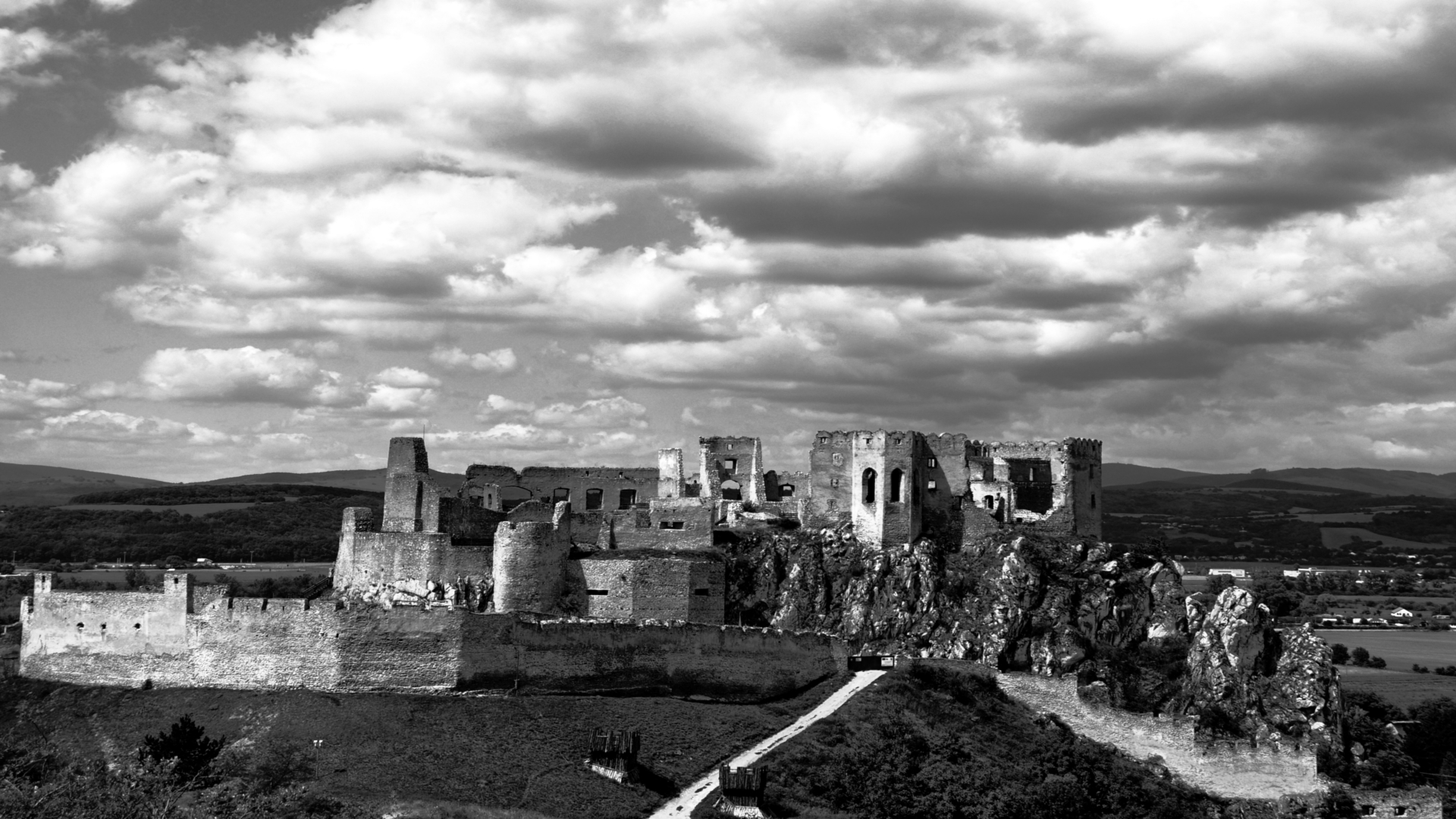 General 1920x1080 architecture ancient castle monochrome Slovakia ruins clouds landscape rocks hills