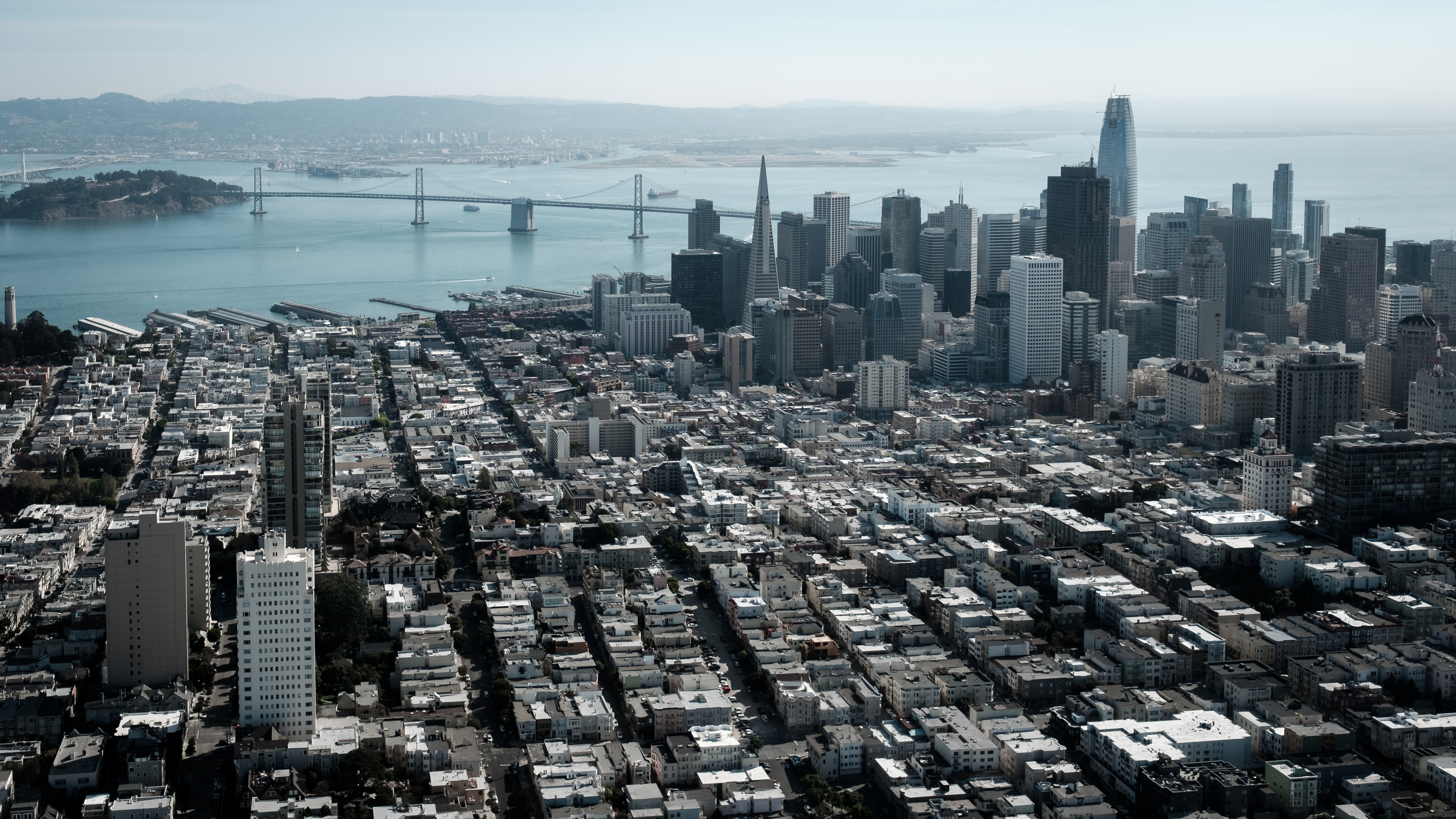 General 5925x3333 San Francisco cityscape California photography aerial view Oakland Bay Bridge