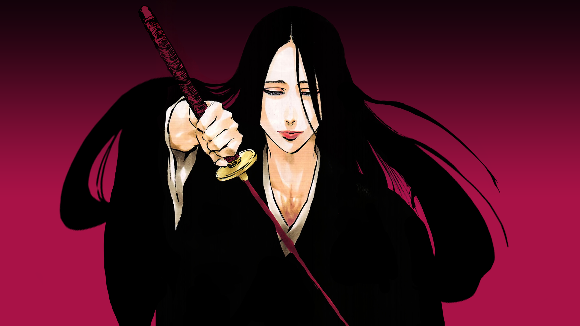 Anime 1920x1080 anime anime girls fantasy girl sword dark hair simple background red background long hair weapon Unohana Retsu Bleach