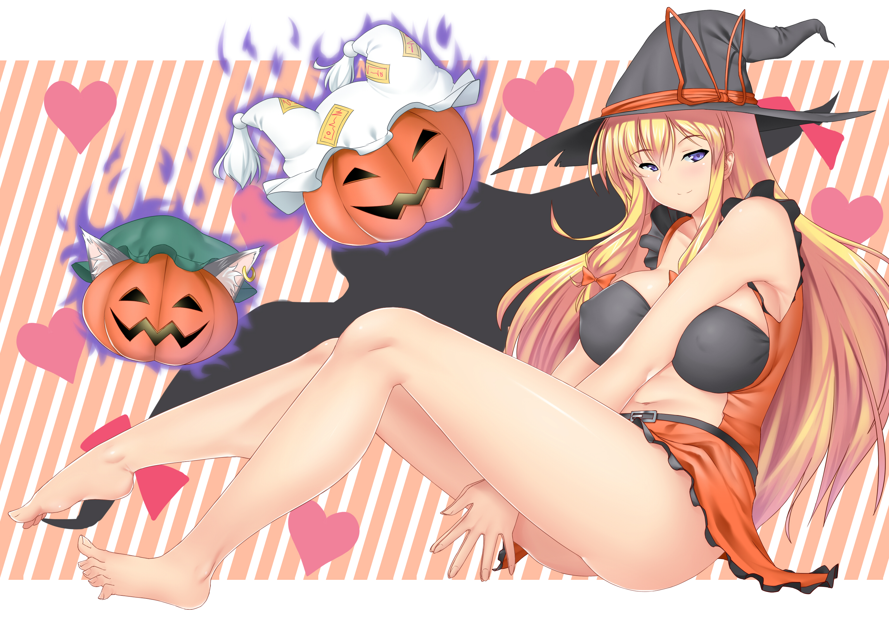 Anime 3000x2150 Halloween witch hat hat Touhou Yakumo Yukari hard nipples blonde pumpkin white background