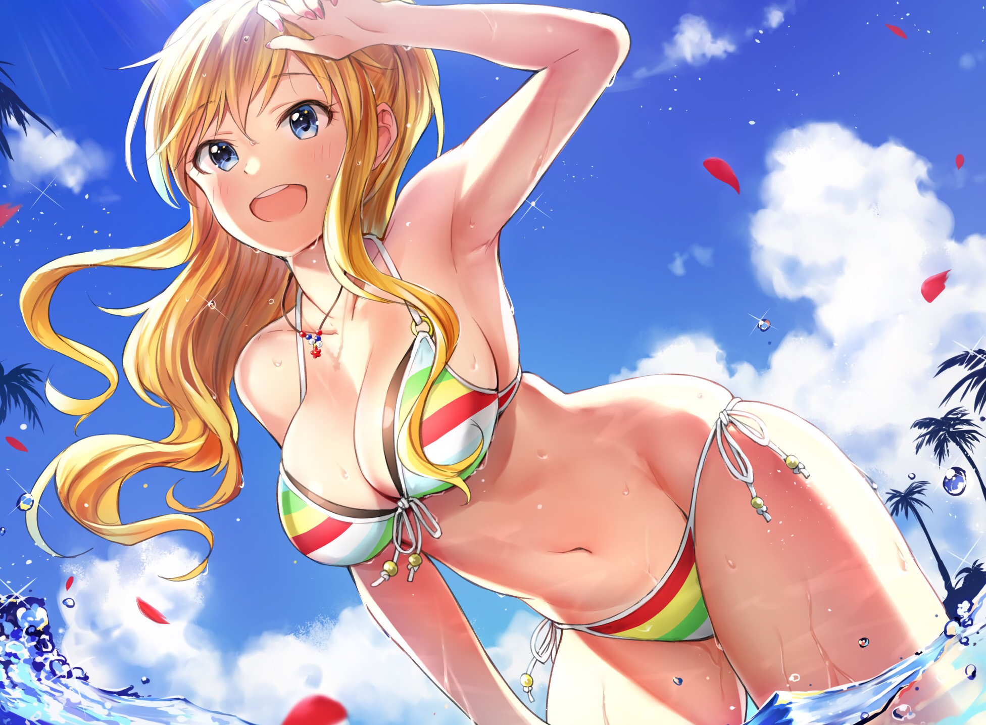 Anime 1952x1435 boobs beach blonde cleavage belly button THE iDOLM@STER Ootsuki Yui THE iDOLM@STER: Cinderella Girls blue eyes bikini wet sky Takeashiro bent over wet clothing one arm up armpits long hair wet body palm trees open mouth water drops petals