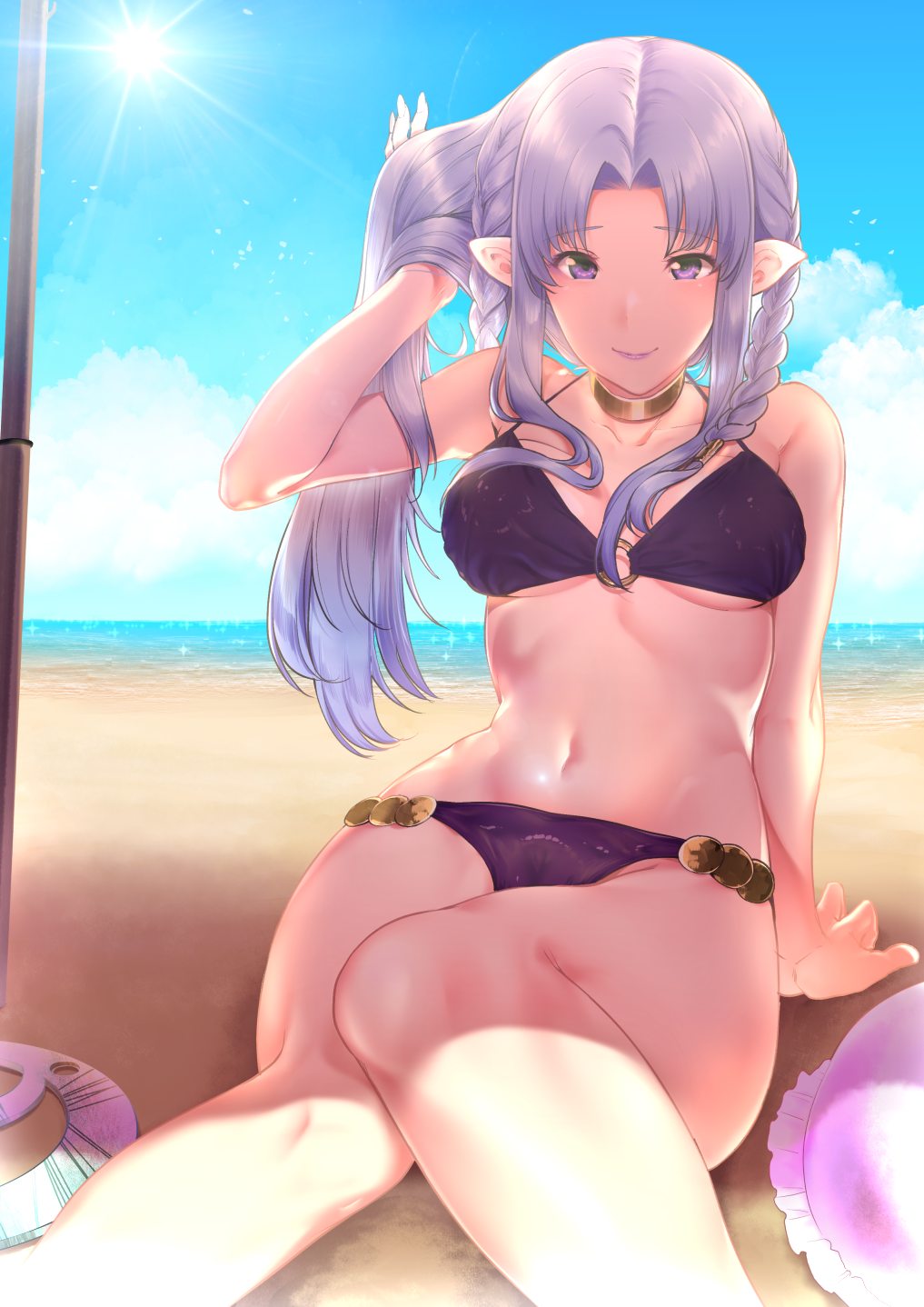 Anime 1017x1438 Fate series Fate/Stay Night Fate/Stay Night: Unlimited Blade Works fate/stay night: heaven's feel big boobs underboob women on beach thighs the gap belly button purple bikini beach umbrella looking at viewer bangs touching hair ocean view braids glutes sitting pointy ears anime girls Caster (Fate/Stay Night) purple hair purple lipstick long hair purple eyes smiling belly 2D portrait display anime arm support choker hands in hair clouds summer dappled sunlight ecchi fan art Hisayaki Kyuu Pixiv