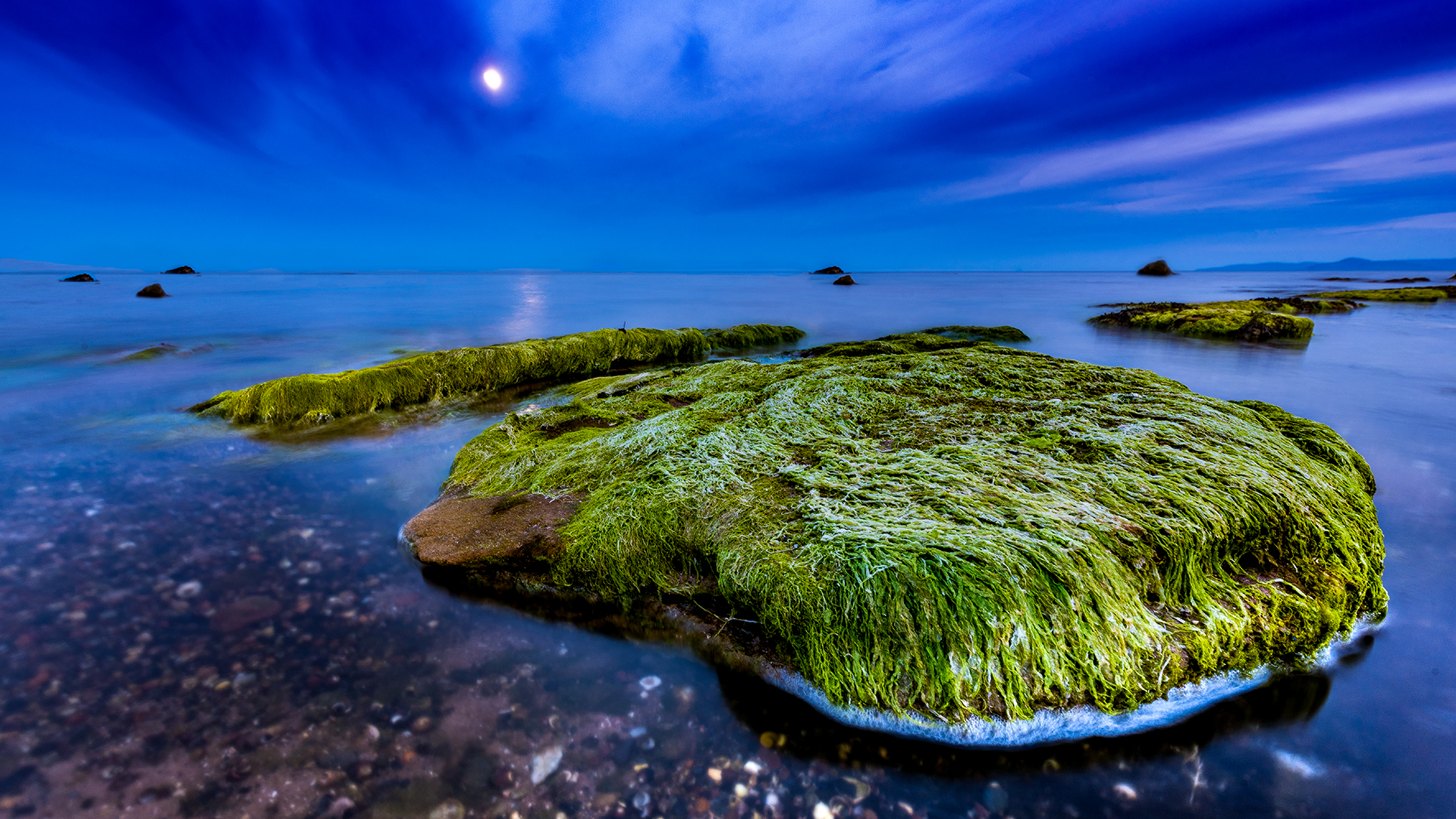 General 1920x1080 nature landscape night Moon clouds Scotland UK sea seaweed horizon rocks long exposure