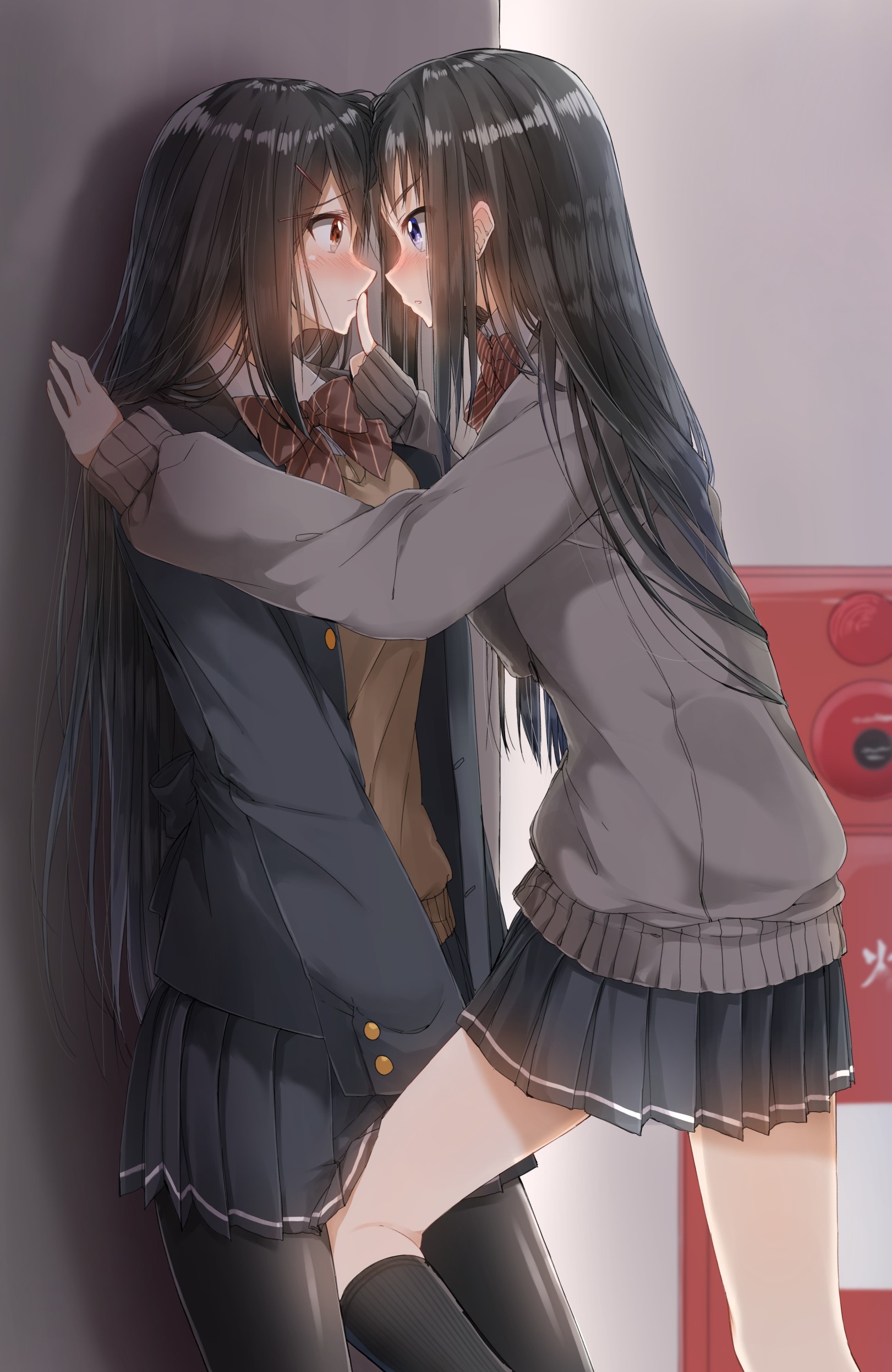 Anime 1621x2492 anime girls schoolgirl school uniform black stockings long hair yuri dark hair RailgunKy