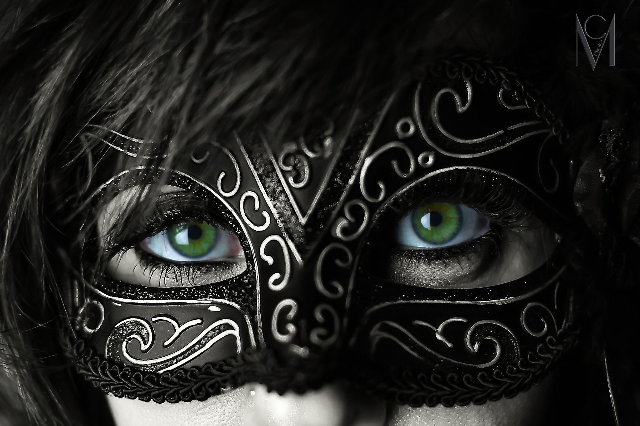 People 2048x1365 selective coloring face green eyes eyes 500px women Massimo Cola mask veils sensual gaze