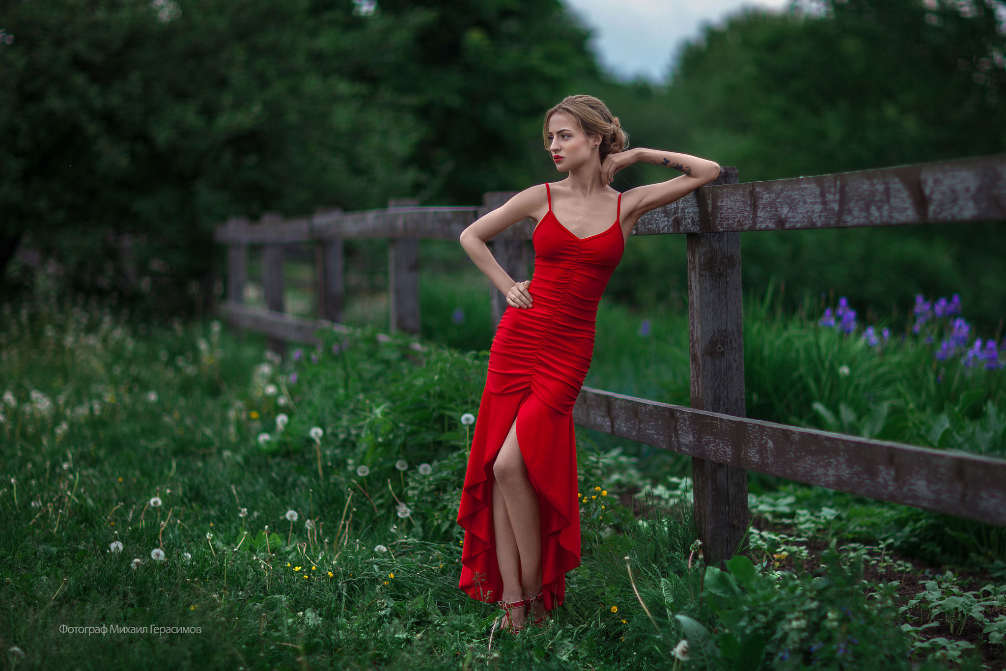 People 2048x1366 Mihail Gerasimov fence red dress nature women outdoors women 500px model nipple bulge