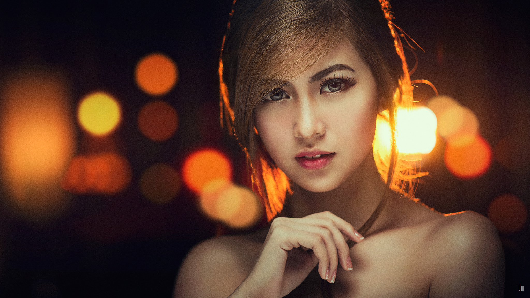 People 2048x1152 Asian model Bry Manaloto looking at viewer brunette women makeup face closeup watermarked