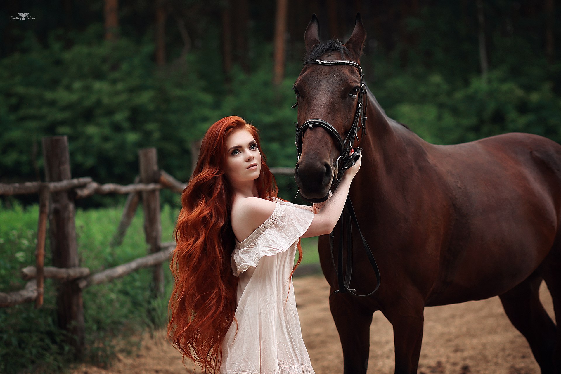 People 1920x1280 women redhead face long hair dress no bra women outdoors wavy hair bare shoulders horse blue eyes Dmitry Arhar women with horse model hair extensions mammals animals looking up outdoors Katerina