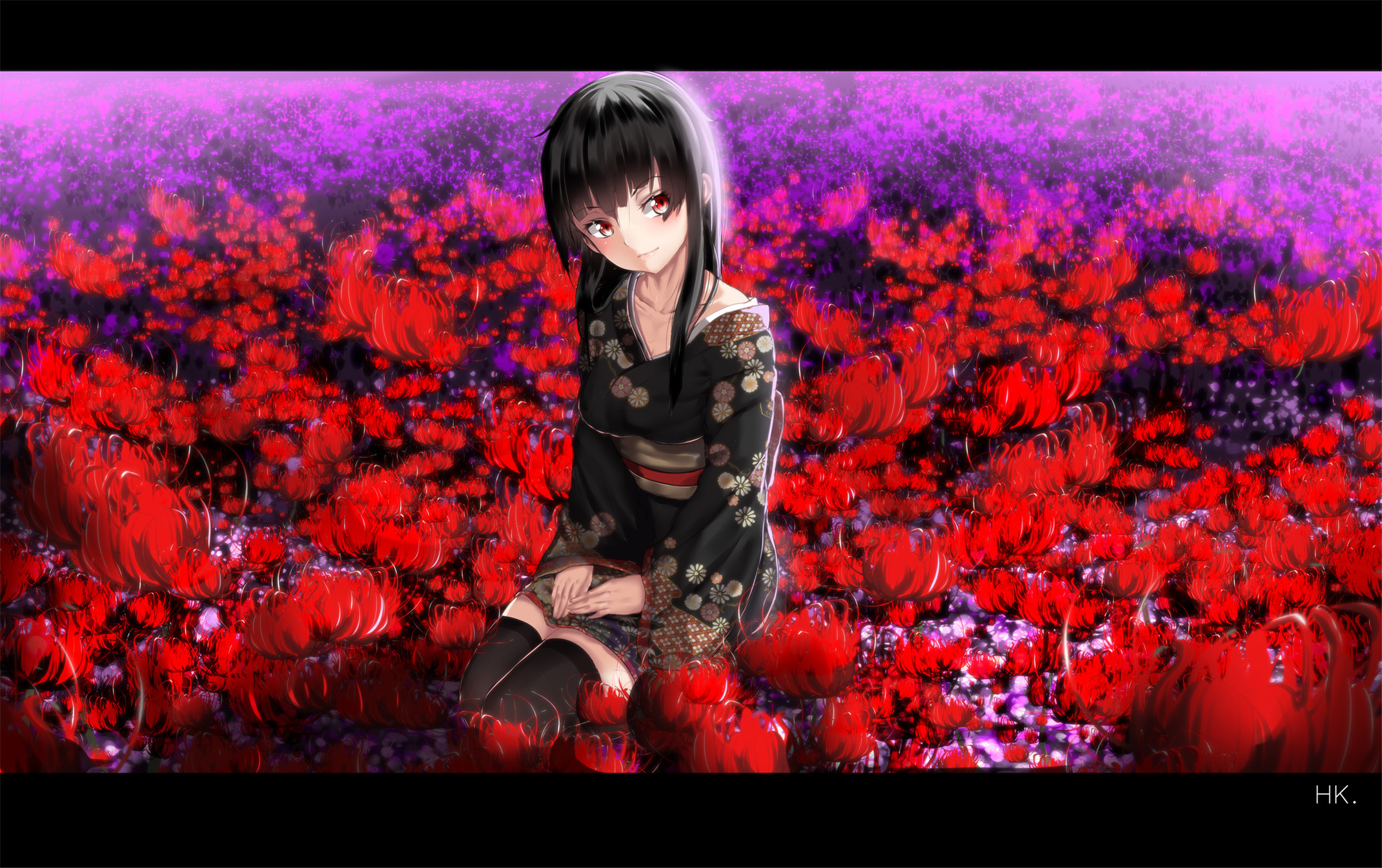 Anime 2141x1345 Jigoku Shoujo anime girls Enma Ai anime flowers plants red eyes dark hair sitting women outdoors outdoors Pixiv