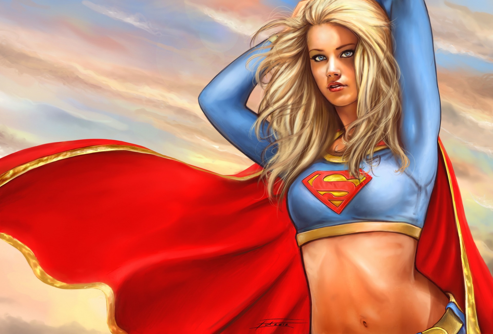 General 1920x1302 Supergirl artwork women blonde blue eyes Amber Heard superheroines cape digital art watermarked