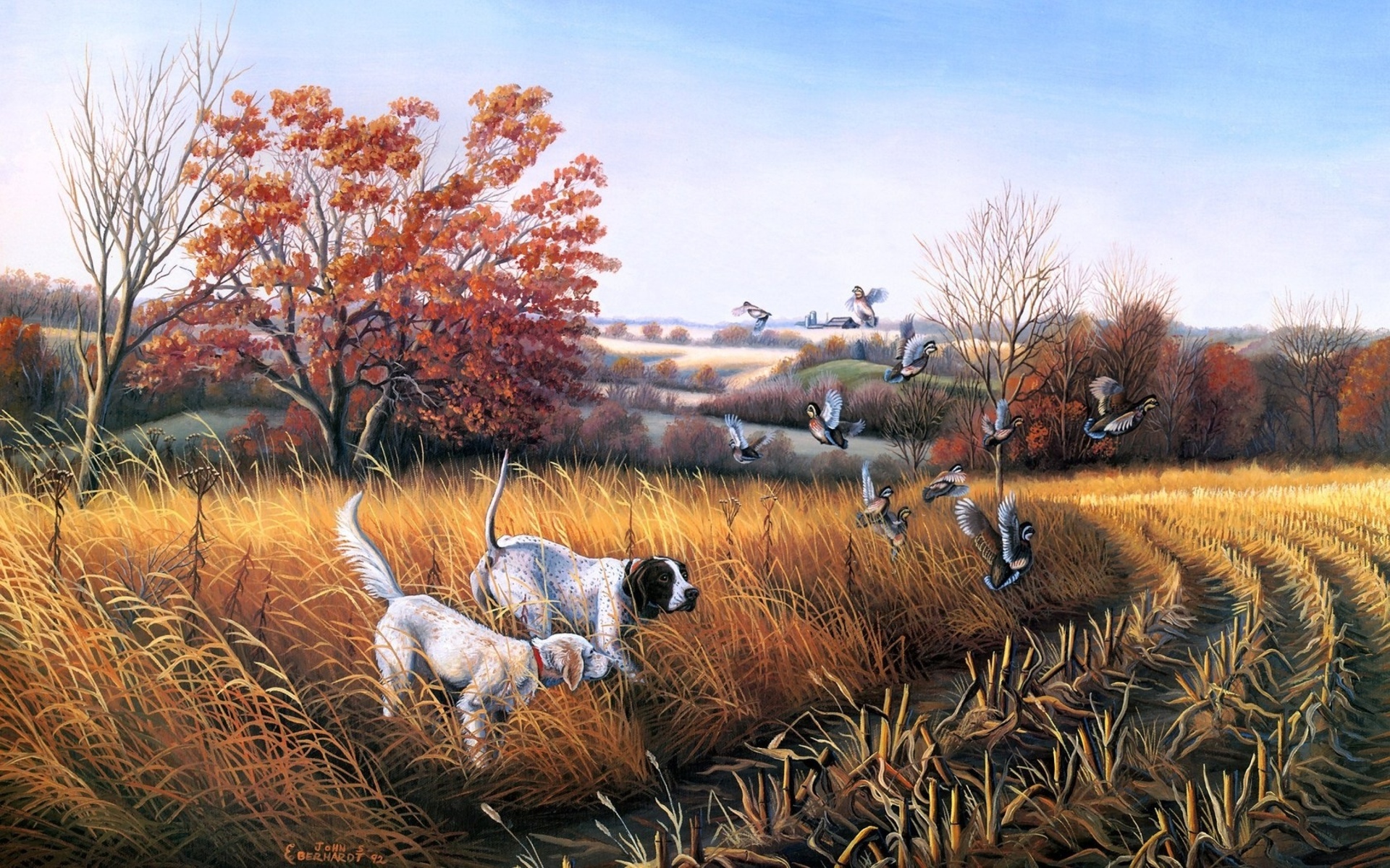 General 1920x1200 dog birds landscape fall painting digital art
