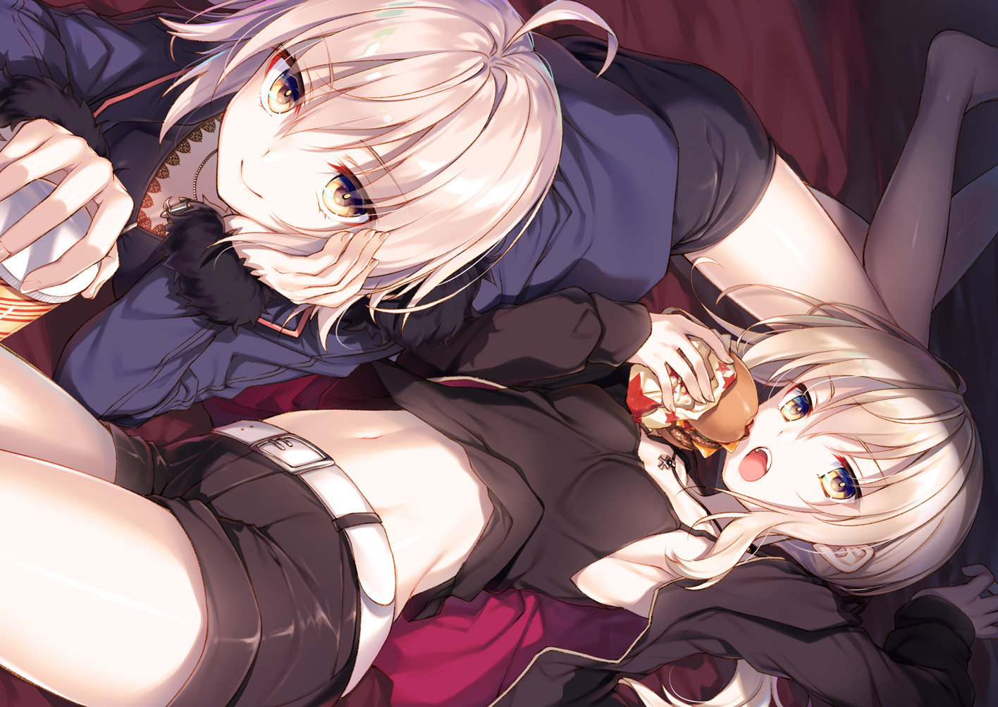 Anime 1416x1003 Fate/Grand Order Fate series food belly button Saber Alter shorts yellow eyes silver hair anime girls tank top short shorts Jeanne d'Arc (Fate) Jeanne (Alter) (Fate/Grand Order) Artoria Pendragon Toosaka Asagi lying on front lying on side