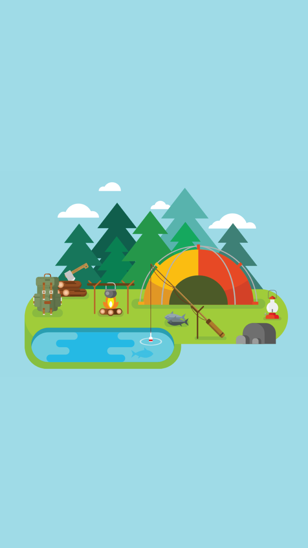 General 1242x2208 camping minimalism trees tent fishing rod wood simple background artwork cyan background