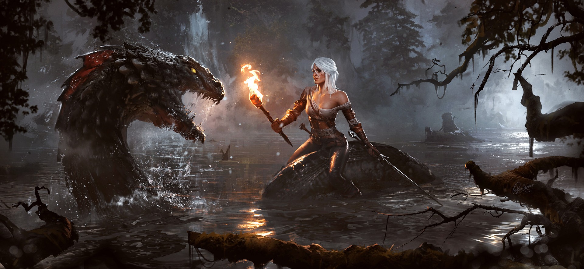 General 1920x883 video games Cirilla Fiona Elen Riannon creature The Witcher 3: Wild Hunt RPG torches fantasy girl fantasy art video game art PC gaming video game girls Video Game Heroes women women with swords video game characters