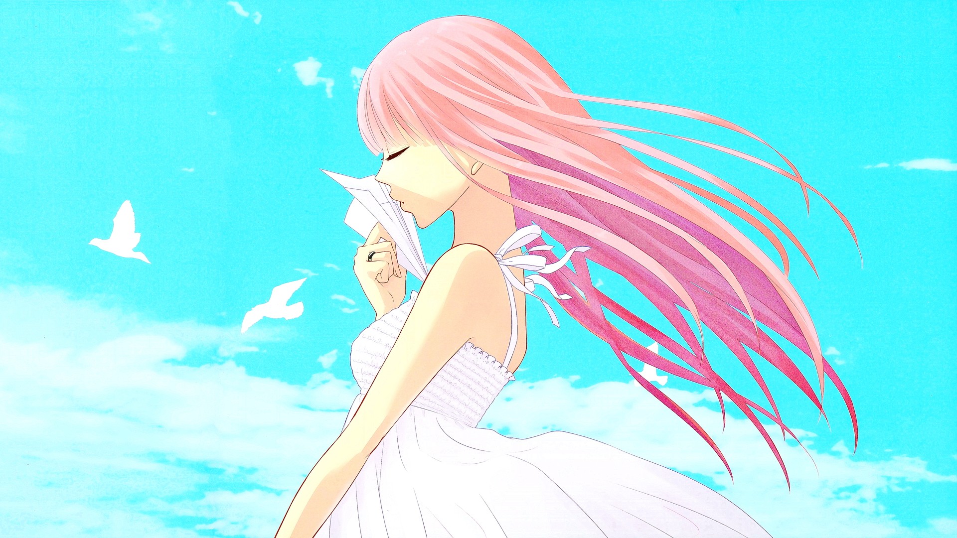 Anime 1920x1080 anime anime girls pink hair long hair sky clouds closed eyes cyan women cyan background face profile dress white dress