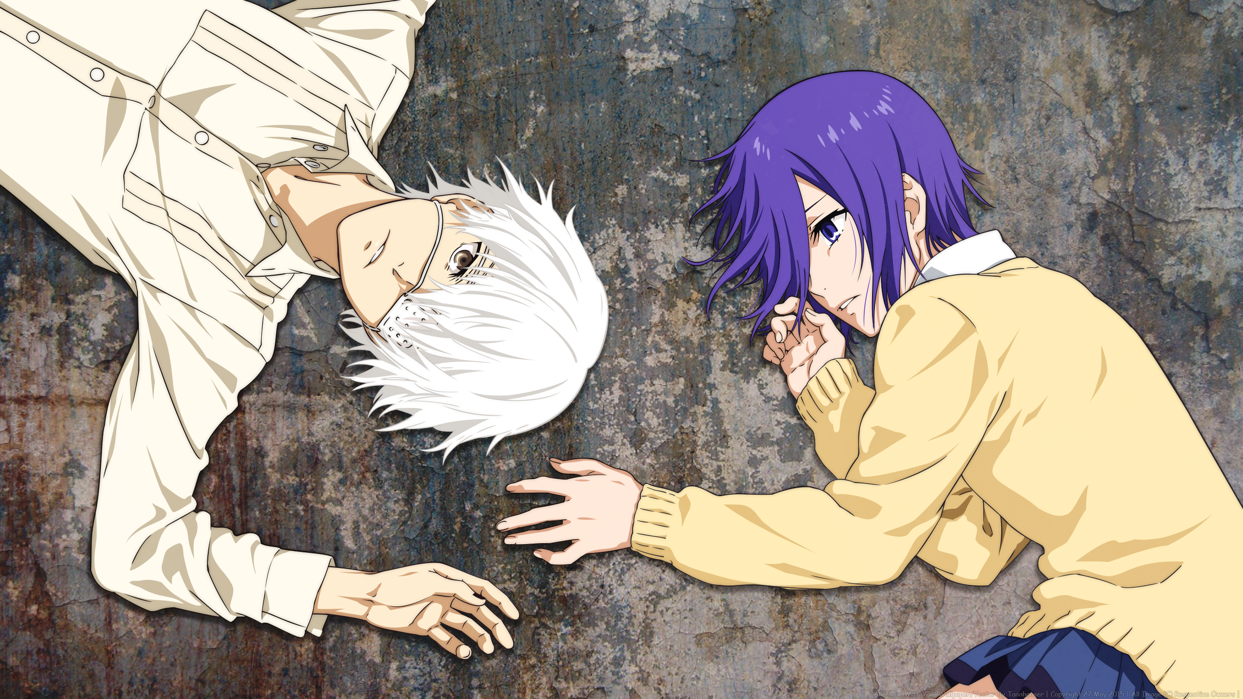 Anime 2560x1440 anime Tokyo Ghoul Kaneki Ken Kirishima Touka anime girls purple hair hair in face eyepatches