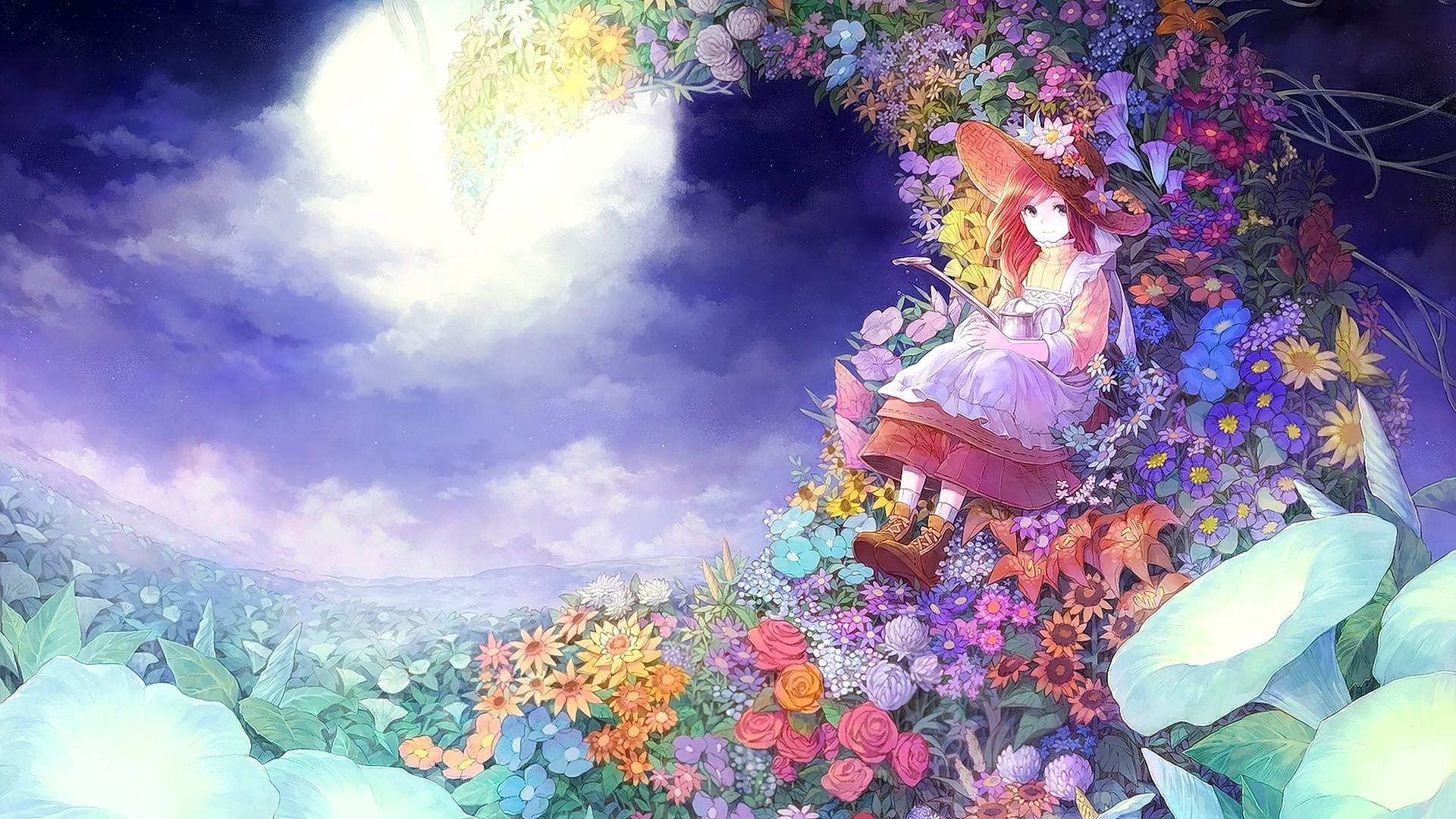 Anime 1920x1080 anime girls anime pink hair hat flowers sky clouds sitting looking at viewer original characters Moon plants colorful fantasy art fantasy girl