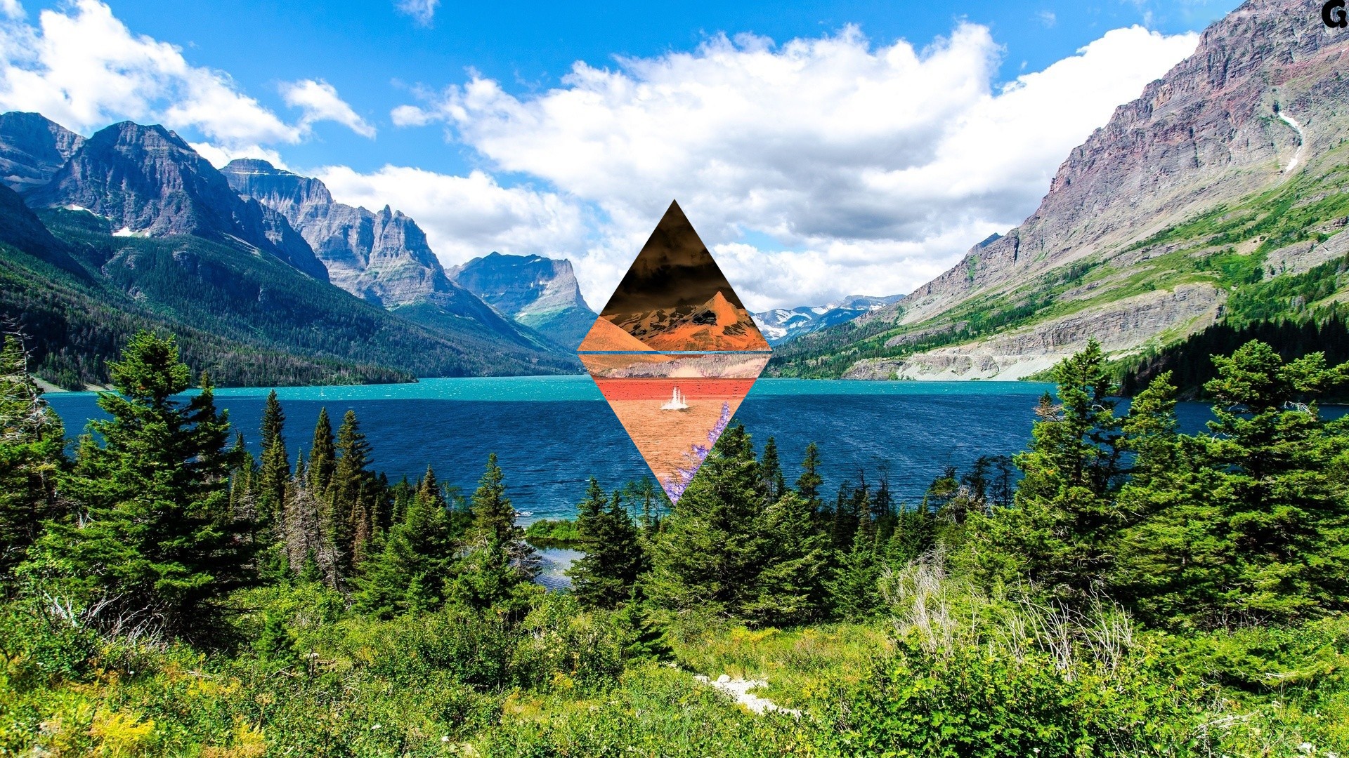 General 1920x1080 triangle landscape inversion mountains geometric figures nature photo manipulation sky clouds digital art trees water forest lake