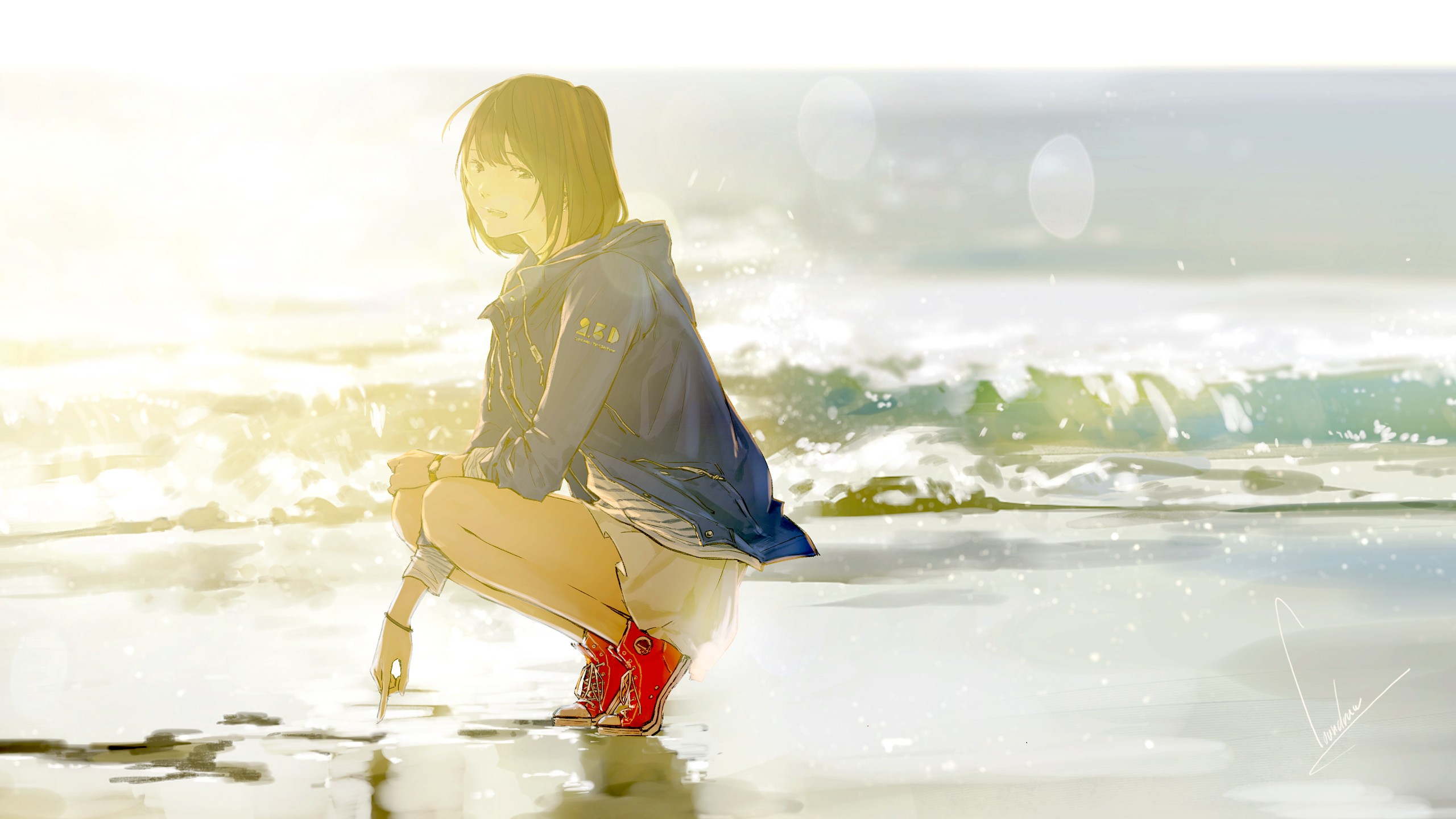 Anime 2560x1440 beach sea sunlight anime looking at viewer outdoors women outdoors squatting anime girls women on beach red shoes water waves jacket overexposed signature bent legs loundraw hand(s) between legs sand open jacket blue jacket short hair shoelaces tiptoe wristwatch open mouth brunette