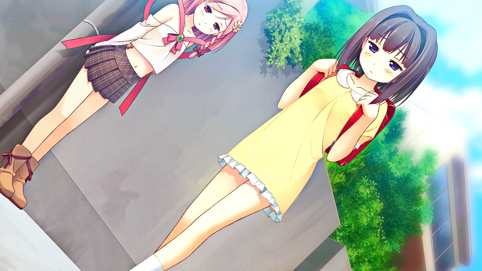 Anime 1920x1080 anime anime girls blonde brunette short hair sadness sky clouds looking away Game CG visual novel Your Diary Yua (Your Diary) two women skirt