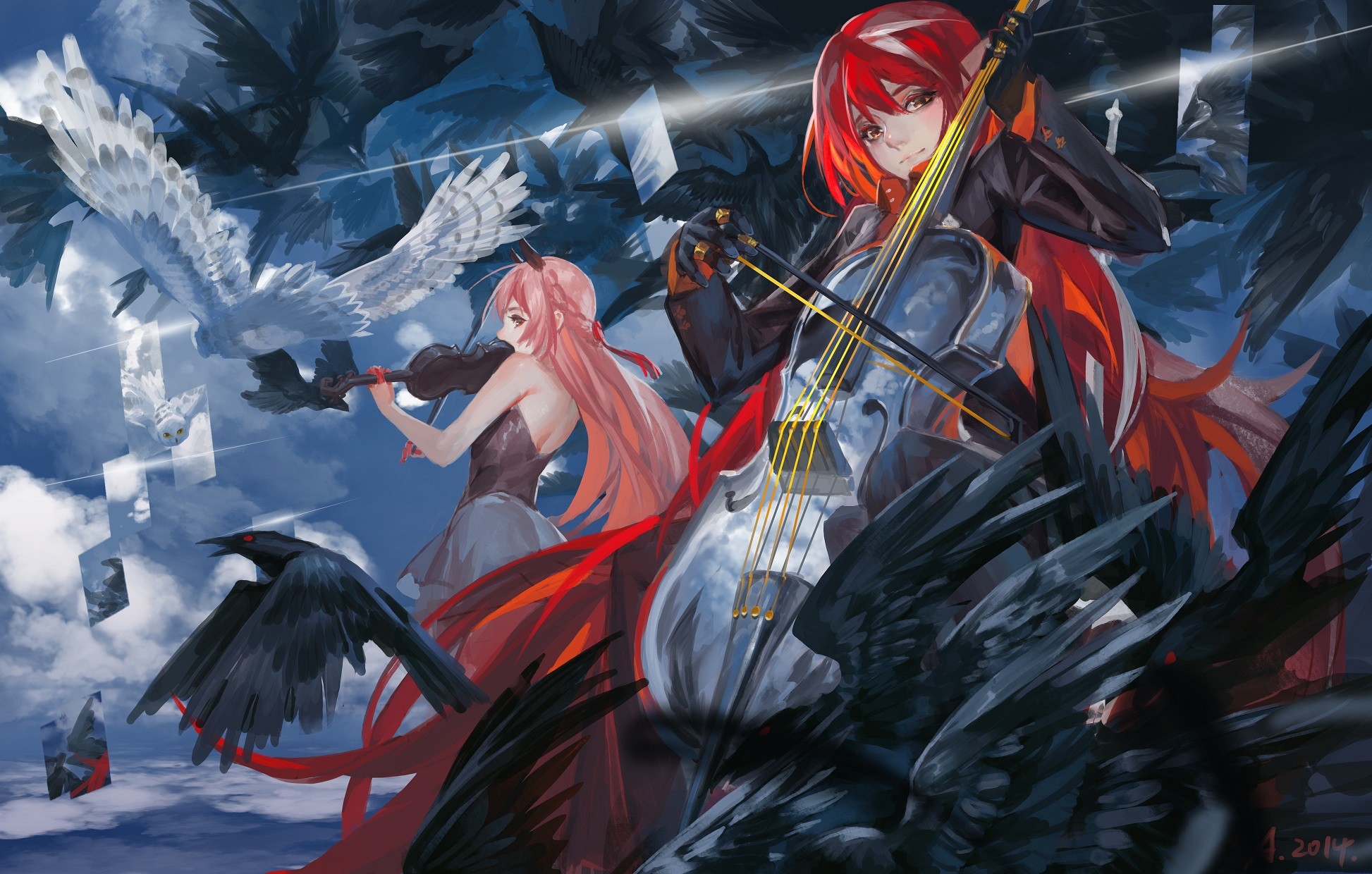 Anime 1946x1240 original characters Pixiv Fantasia musical instrument birds crow owl anime anime girls two women redhead animals 2014 (Year) long hair wings music