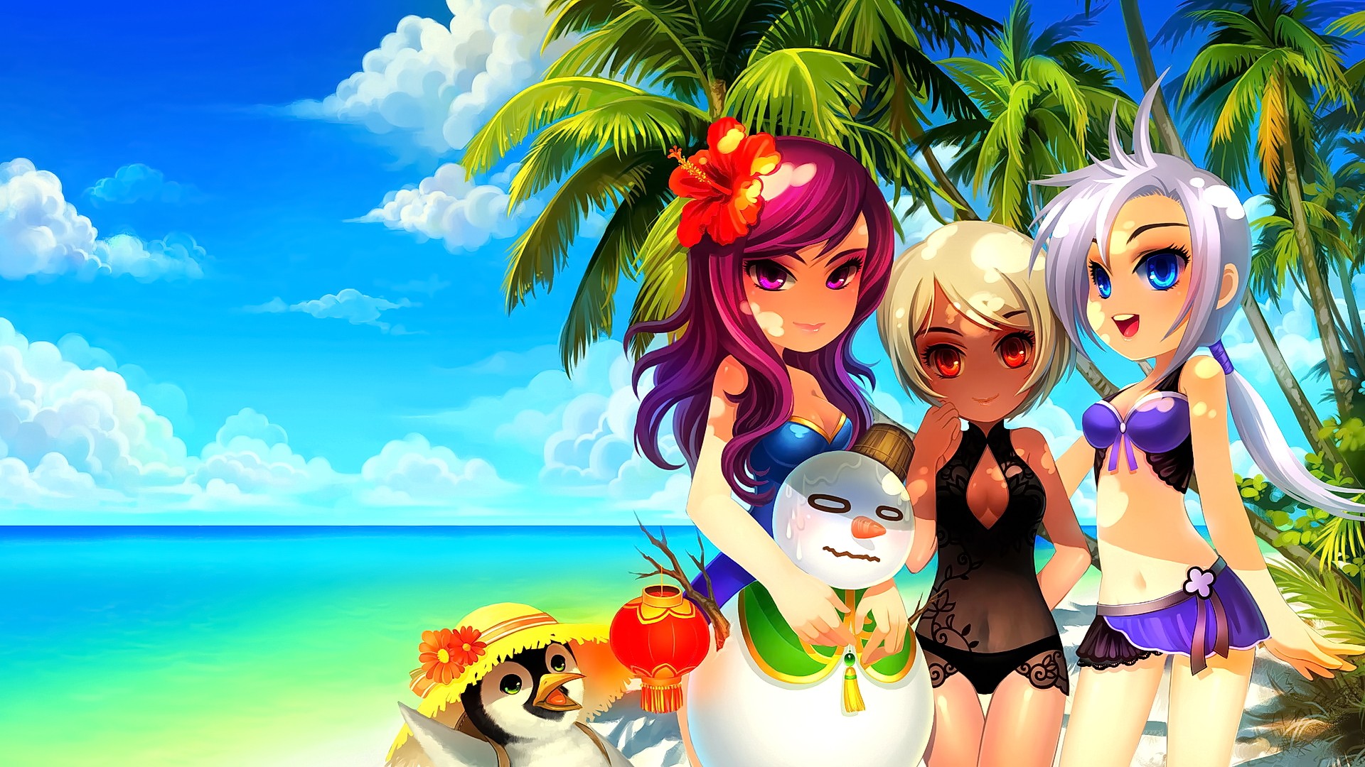 Anime 1920x1080 anime anime girls blonde short hair long hair beach bikini red eyes palm trees hibiscus straw hat swimwear