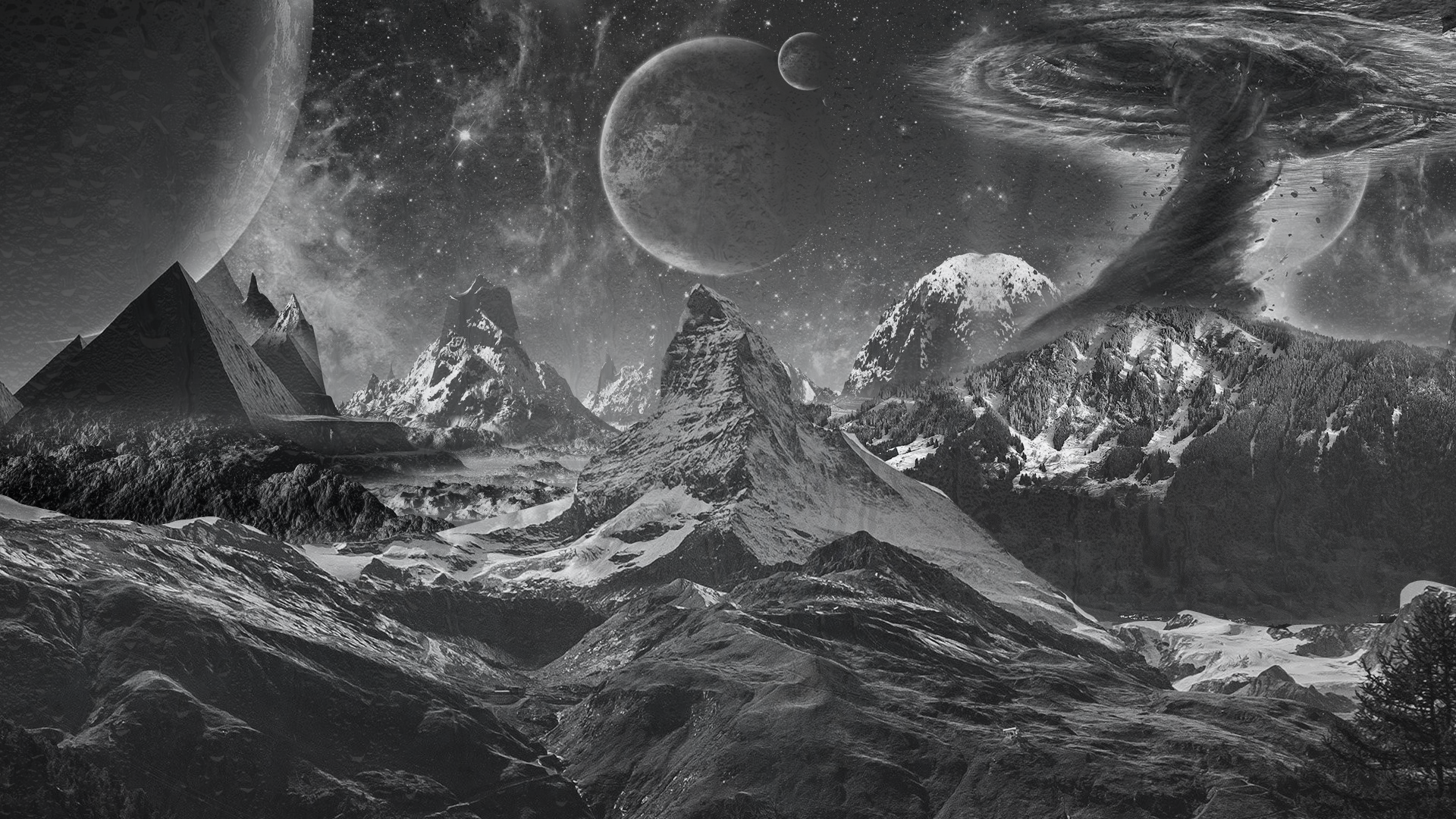 General 1920x1080 monochrome nature pyramid mountains digital art surreal Matterhorn landscape space art space