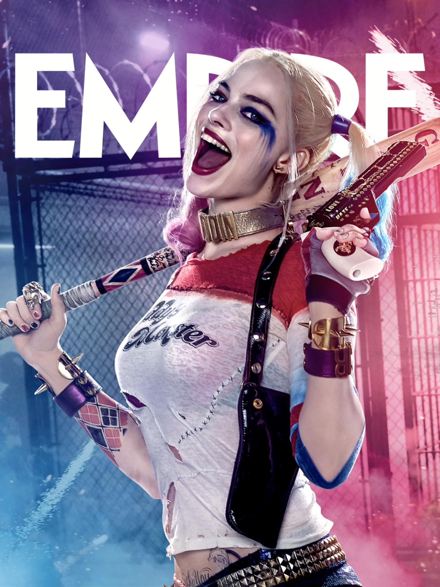 People 1536x2048 Suicide Squad Harley Quinn Margot Robbie DC Comics women girls with guns baseball bat open mouth gun weapon inked girls makeup looking at viewer red lipstick painted nails movie poster