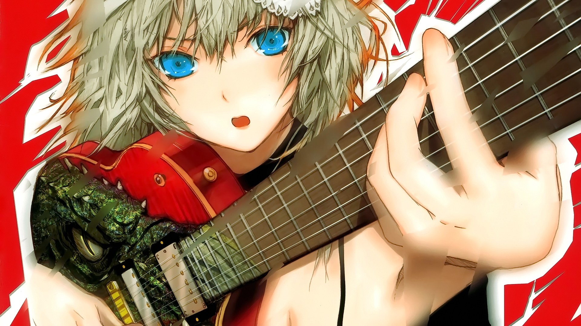Anime 1920x1080 anime anime girls blonde blue eyes looking at viewer open mouth original characters guitar musical instrument long hair face