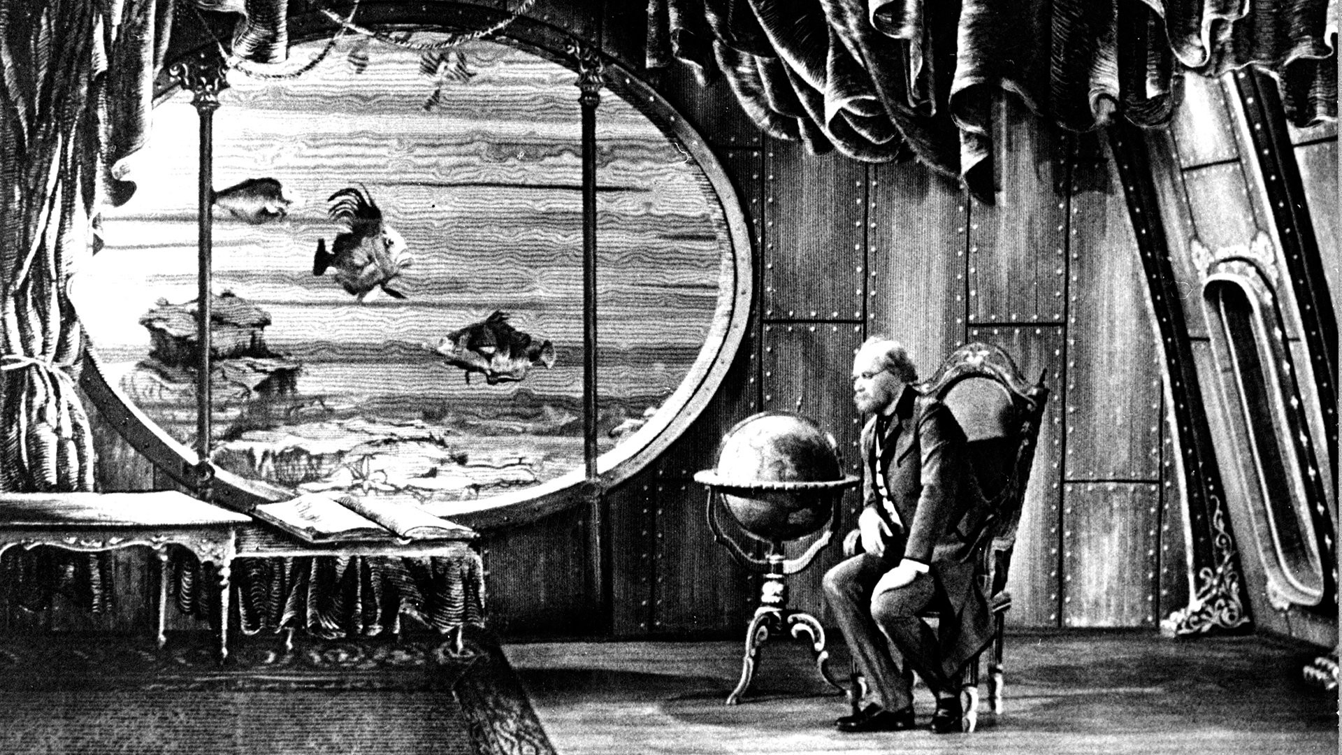General 1920x1080 Jules Verne fantasy art The Fabulous World of Jules Verne movies monochrome vintage old people czech submarine interior underwater metal window fish globes curtains books screen shot gray