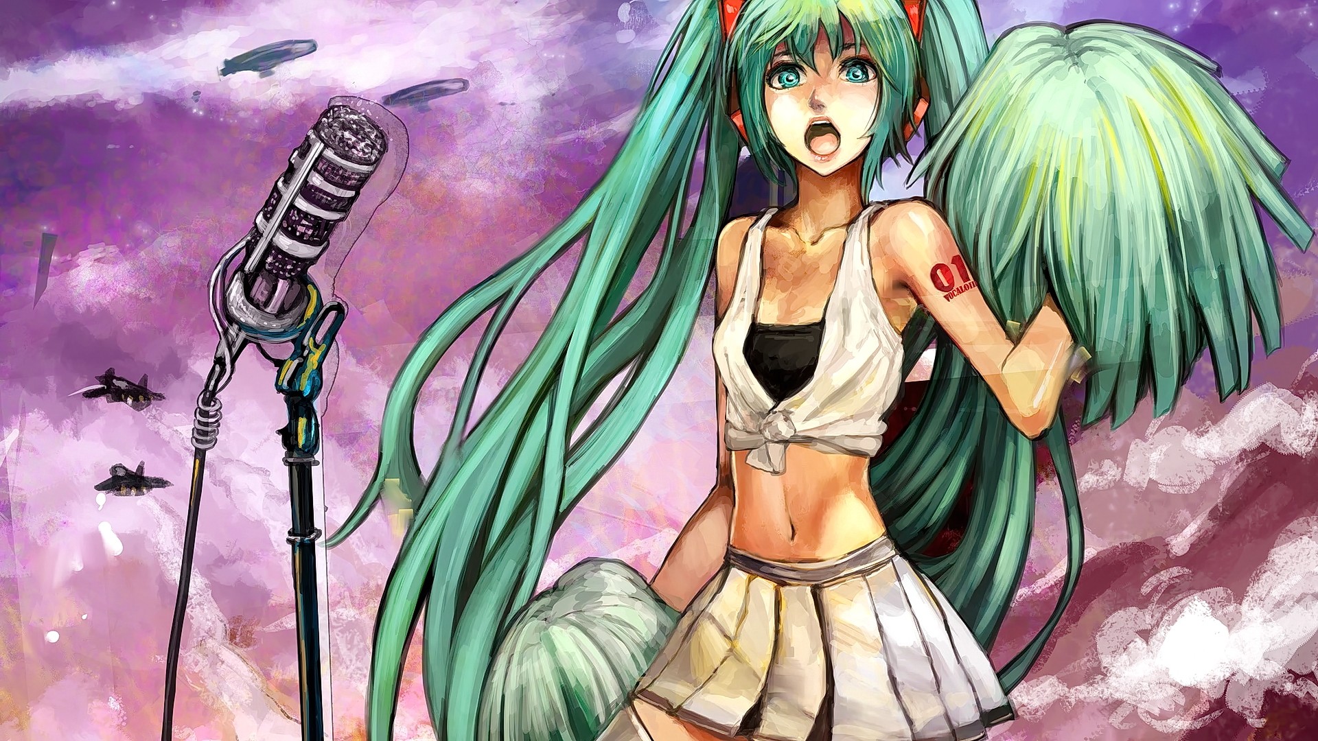Anime 1920x1080 anime anime girls long hair Vocaloid headphones looking at viewer open mouth cheerleaders twintails microphone green hair pompon women slim body skirt belly