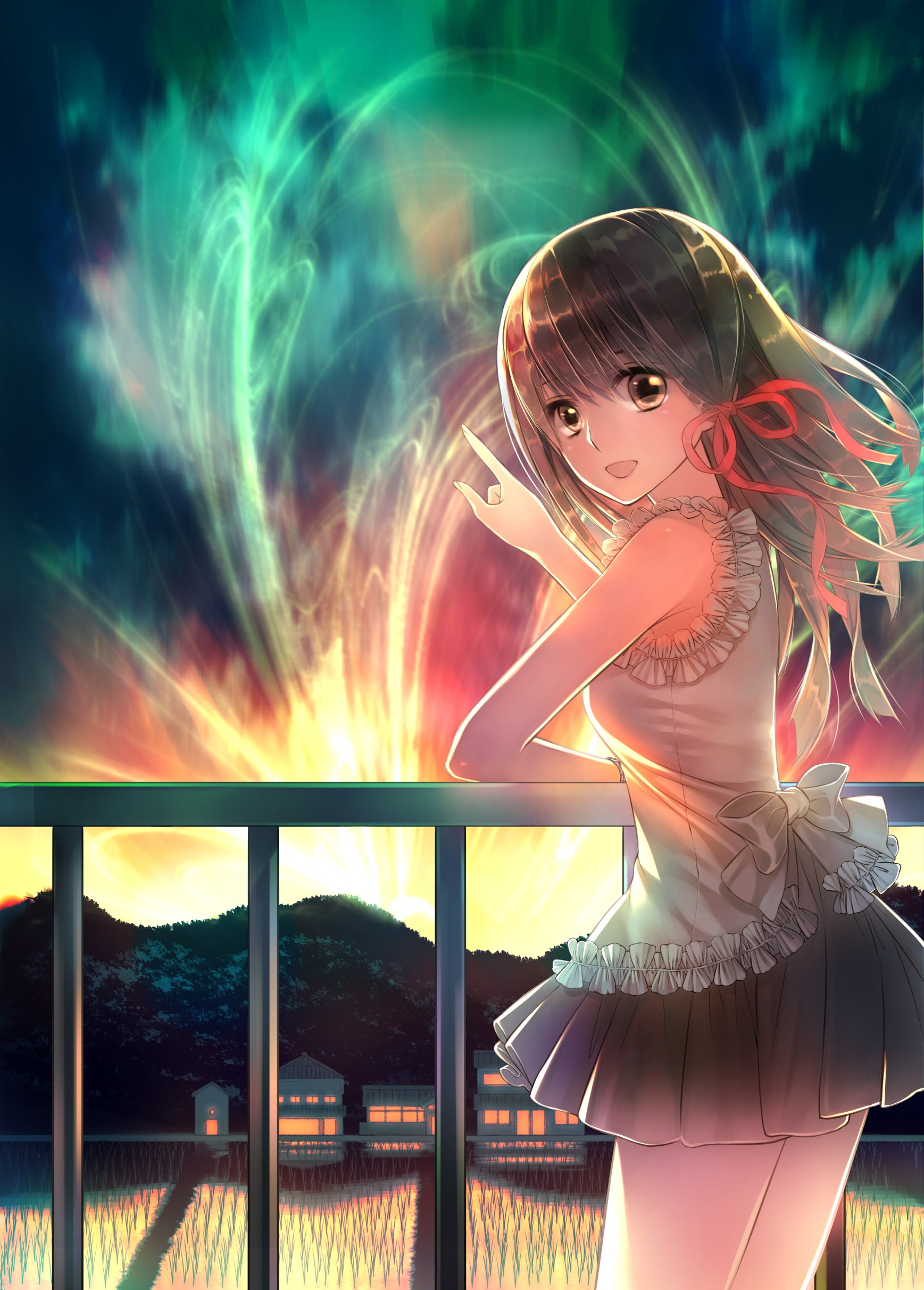 Anime 1737x2424 anime anime girls long hair standing sky looking at viewer brunette