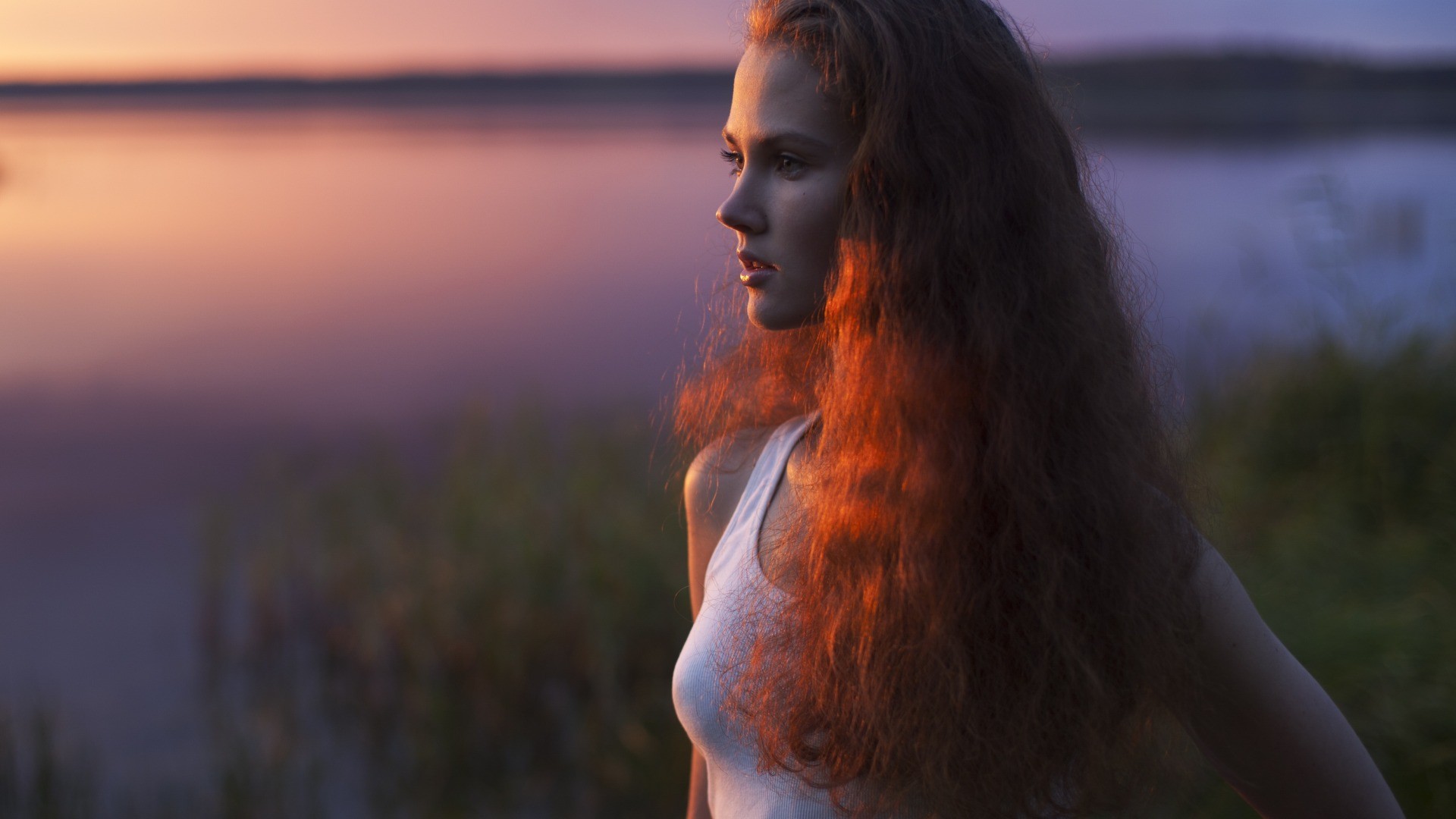 People 1920x1080 women lake sunlight looking away redhead model long hair women outdoors outdoors face looking into the distance