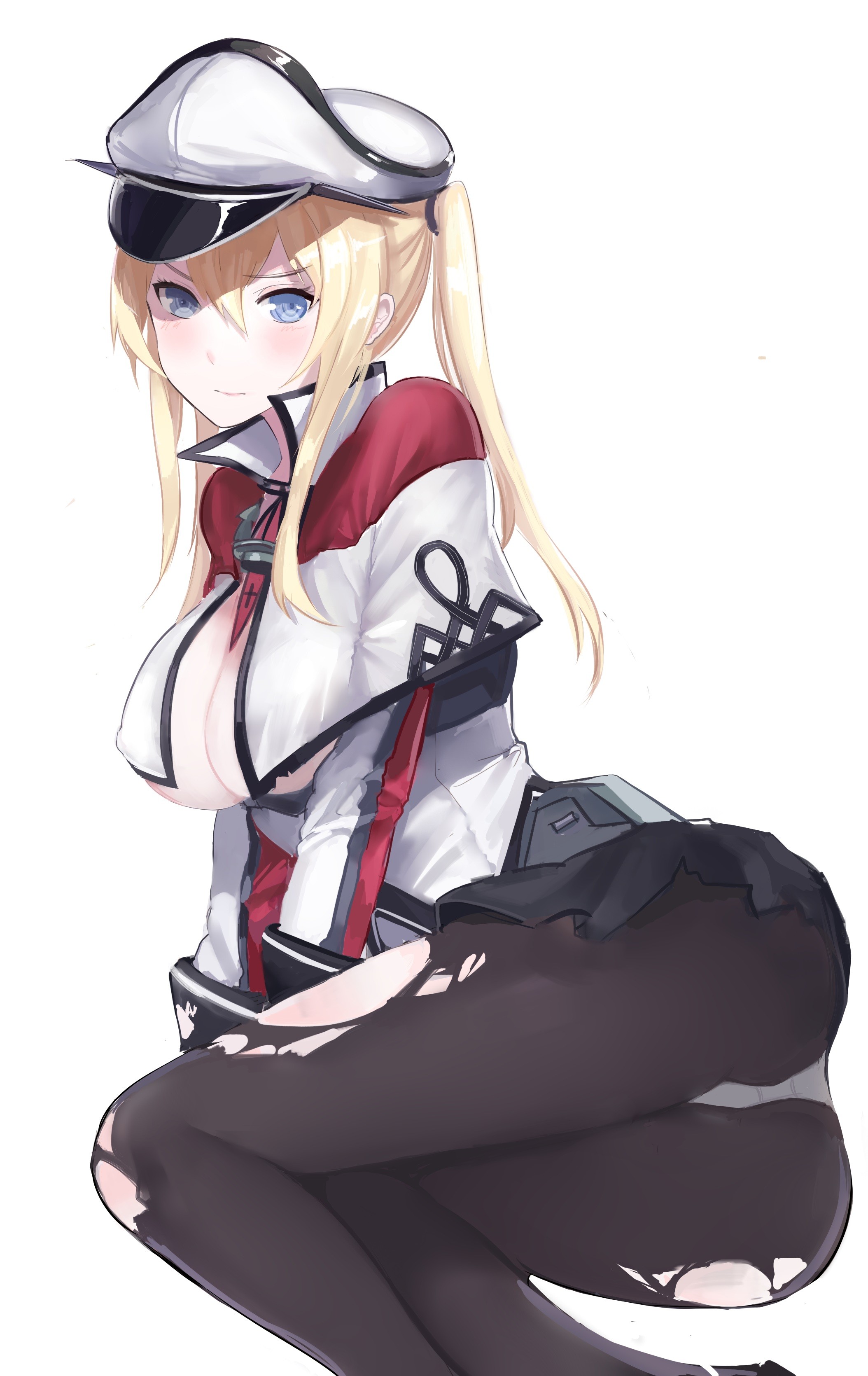 Anime 2108x3341 anime anime girls Kantai Collection Graf Zeppelin (KanColle) cleavage no bra torn clothes uniform long hair blonde blue eyes open shirt boobs big boobs hat women with hats Pixiv curvy pantyhose torn pantyhose black pantyhose white background ass