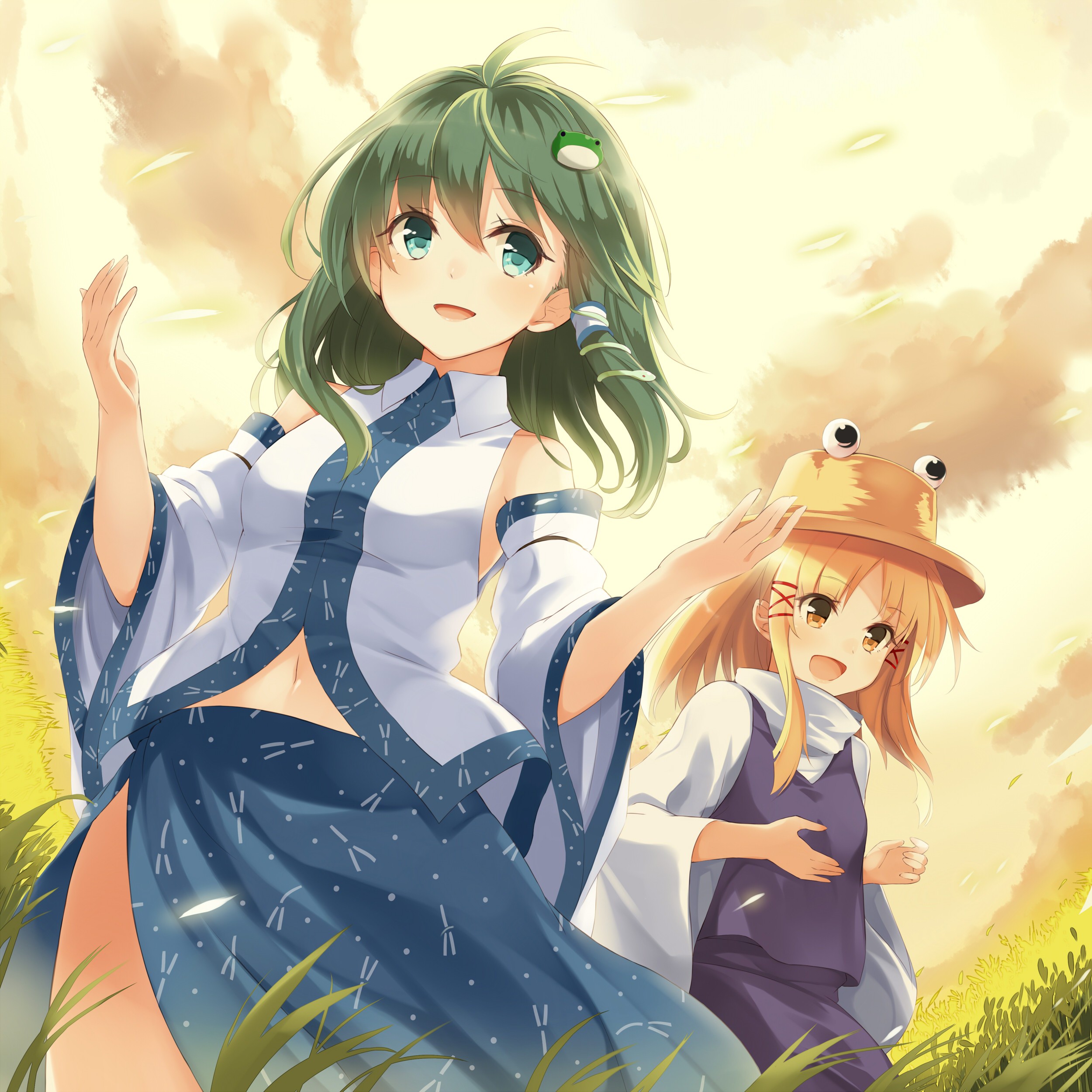Anime 2500x2500 anime anime girls long hair green hair blonde aqua eyes grass clouds hat Kochiya Sanae Touhou