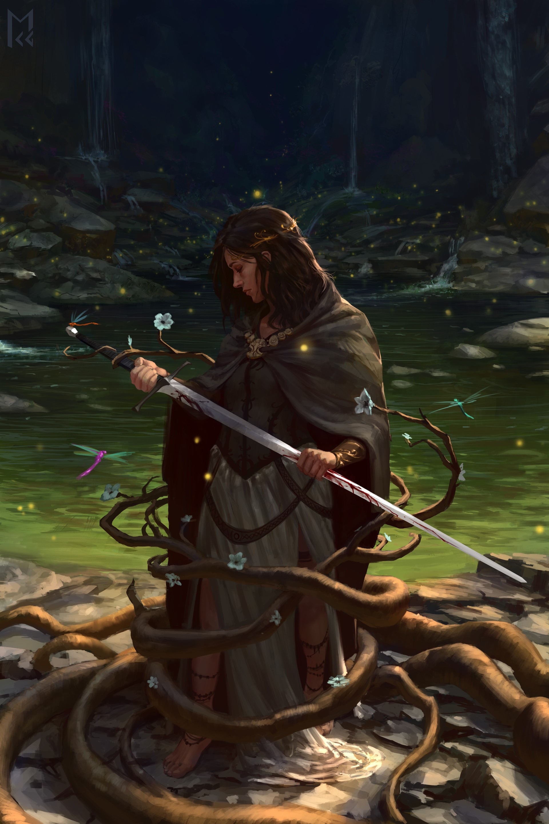 General 1920x2880 fantasy art warrior sword fantasy girl digital art portrait display watermarked standing women with swords water outdoors women outdoors weapon rocks cape ground flowers long hair closed mouth vines fireflies barefoot