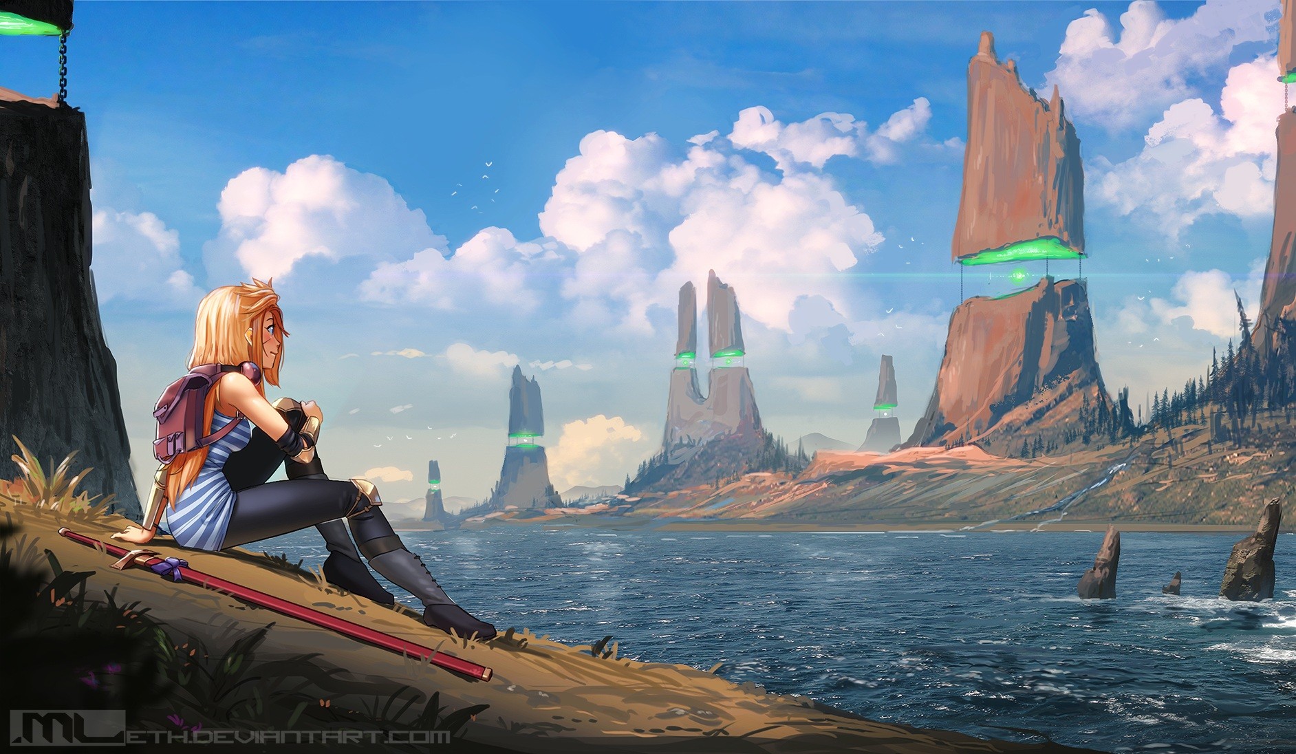 Anime 1884x1096 anime anime girls blonde boots clouds long hair sword water weapon landscape sitting DeviantArt women outdoors striped clothing