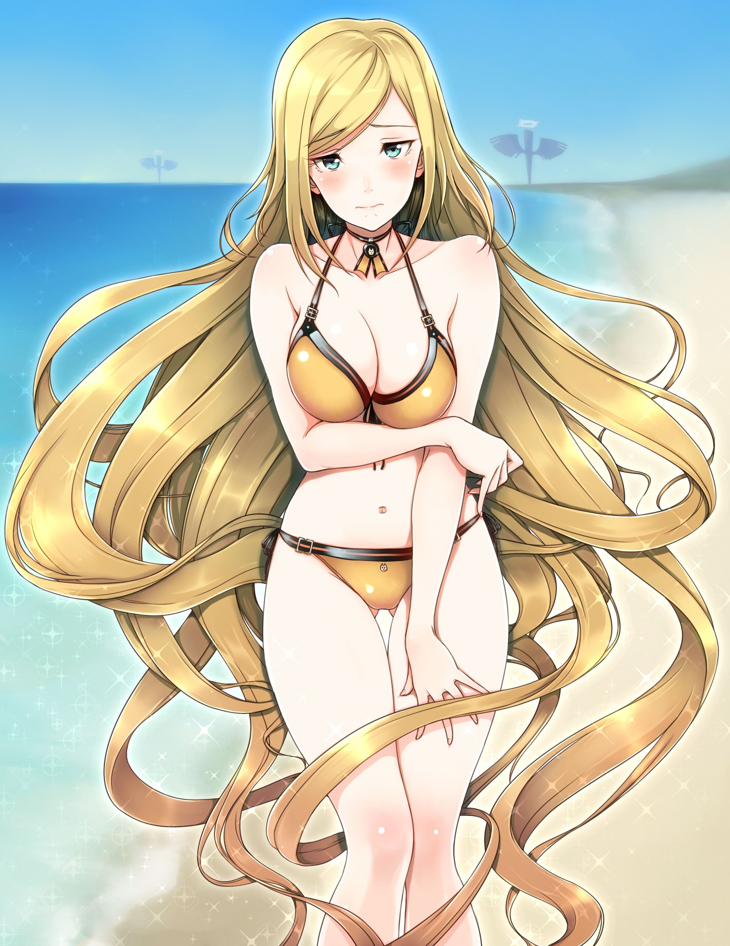 Anime 1420x1839 anime anime girls Guilty Gear Millia Rage bikini cleavage long hair blonde blue eyes beach sea