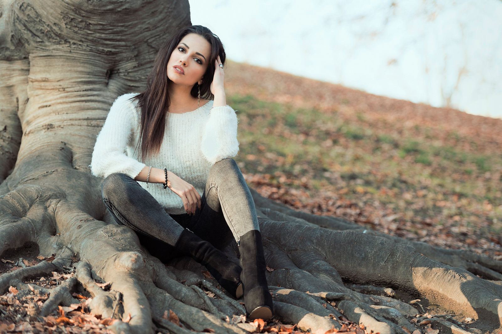 People 1600x1066 women brunette white sweater long hair touching hair sitting black boots Luigi Malanetto Anna one arm up trees sweater autumn women